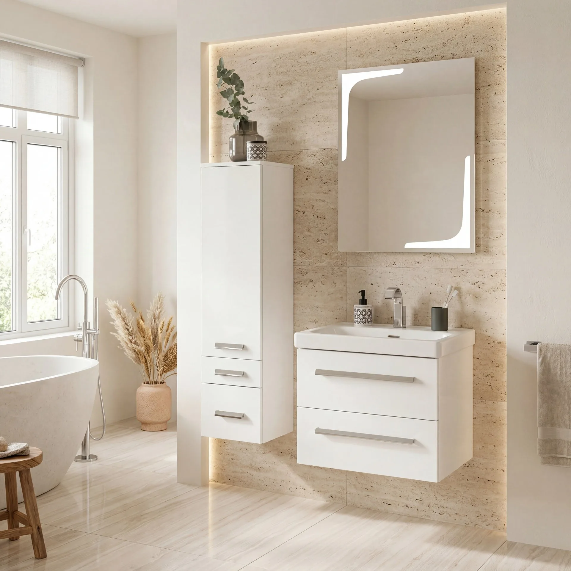 LANZET K1 Waschbecken mit Unterschrank, 61 cm breit, Weiß, Waschbecken Keramik Weiß