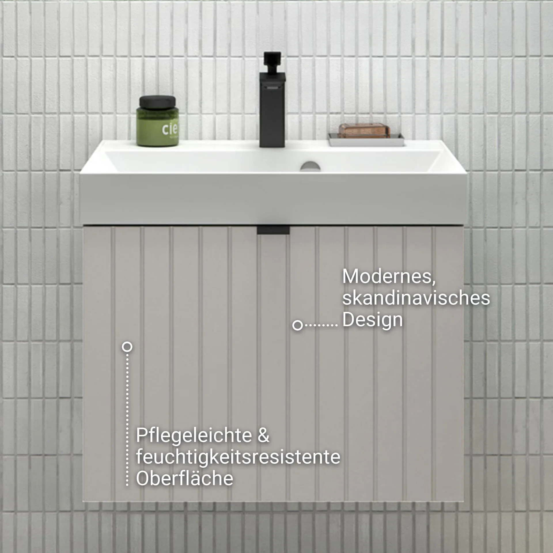 BADEDU ESLA Waschbecken mit Unterschrank 59 cm breit, Grau, Waschbecken Gussmarmor Weiß