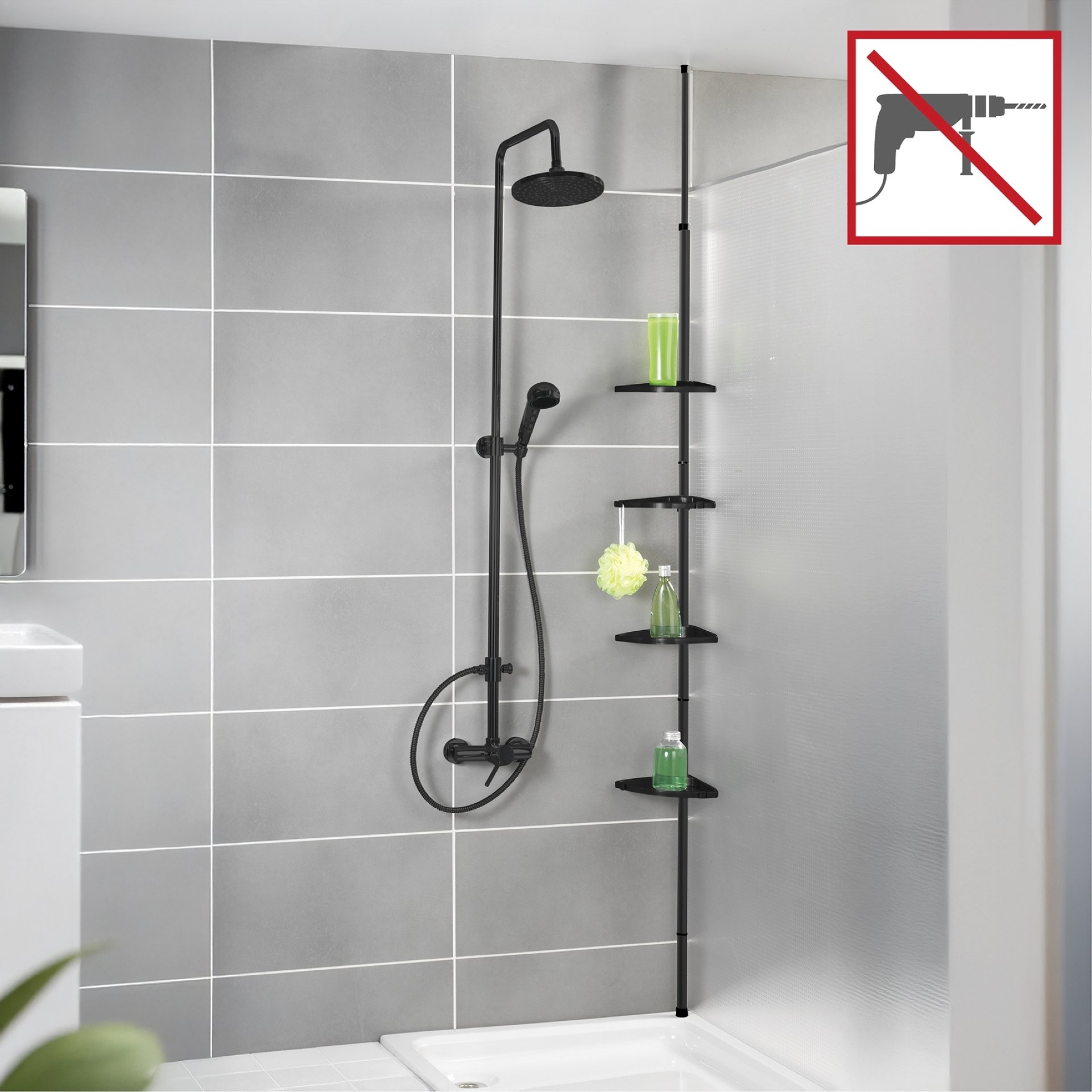 WENKO COMPACT Dusch Eckablage, Schwarz, 4 Etagen, Aluminium, zum Einklemmen