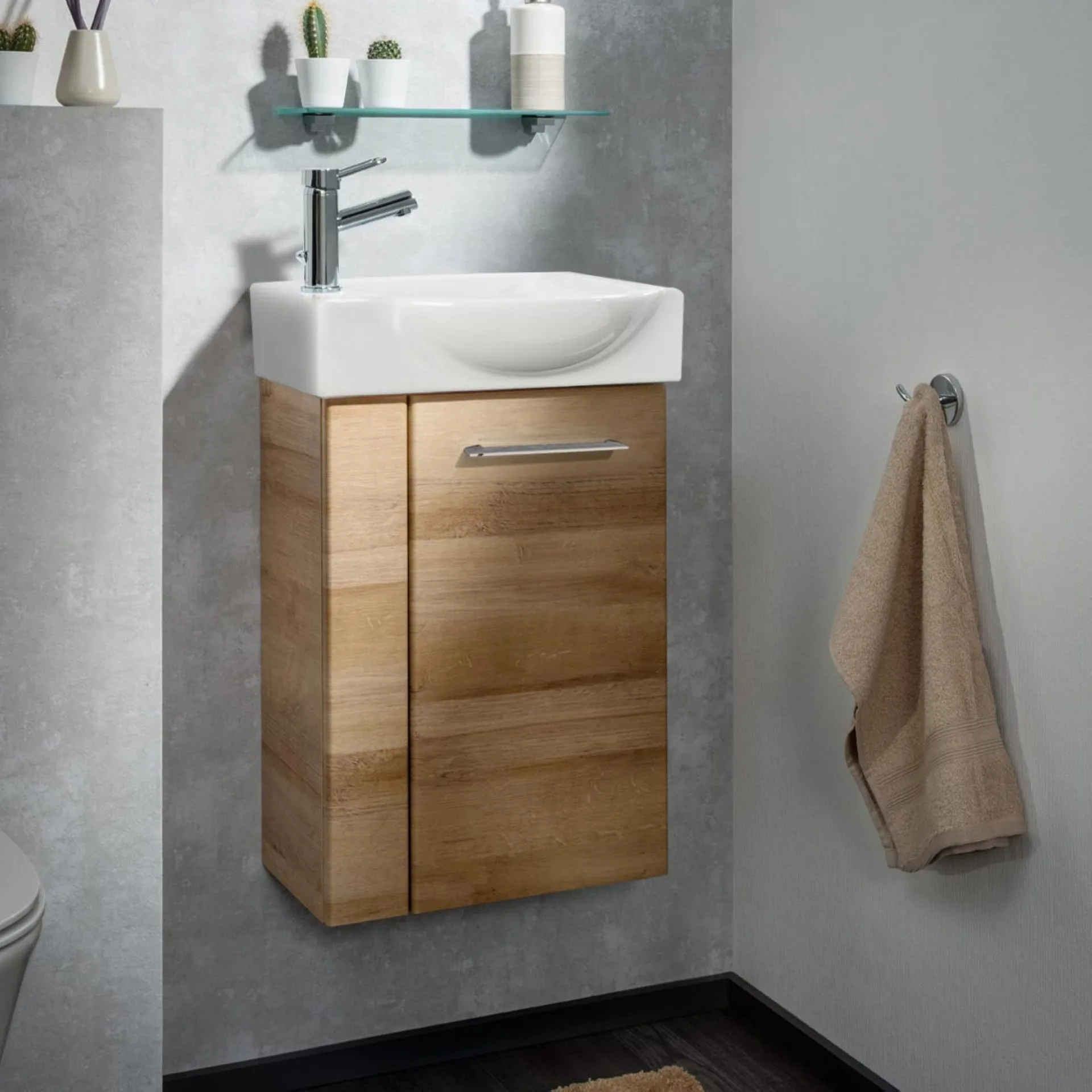 FACKELMANN SBC MILANO Gäste WC Waschtisch Set 45 cm breit, Braun hell, Waschbecken Keramik Weiß, Türanschlag rechts