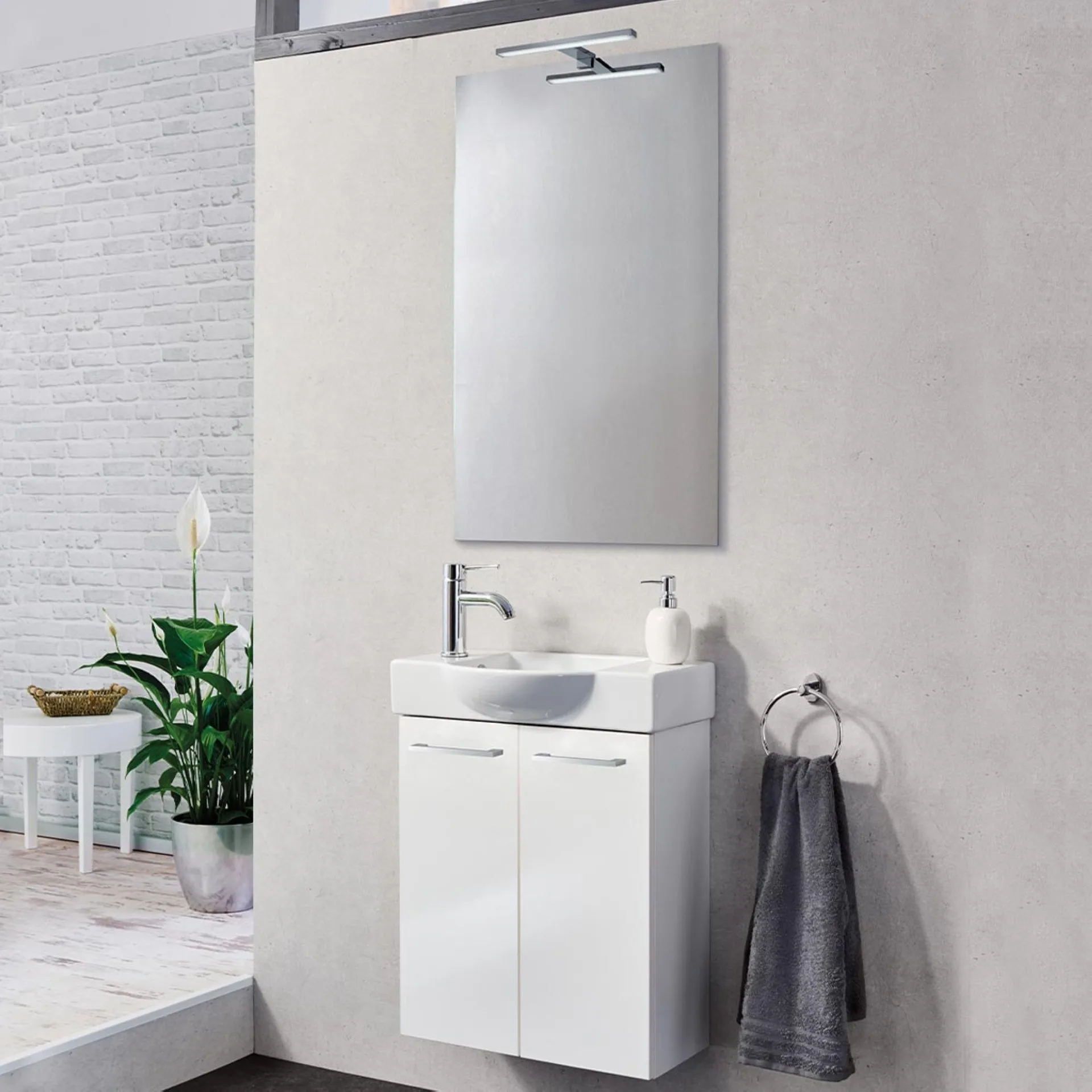 FACKELMANN SBC SCENO Gäste WC Waschtisch Set 55 cm breit, Weiß, Waschbecken Keramik Weiß, Hahnloch links