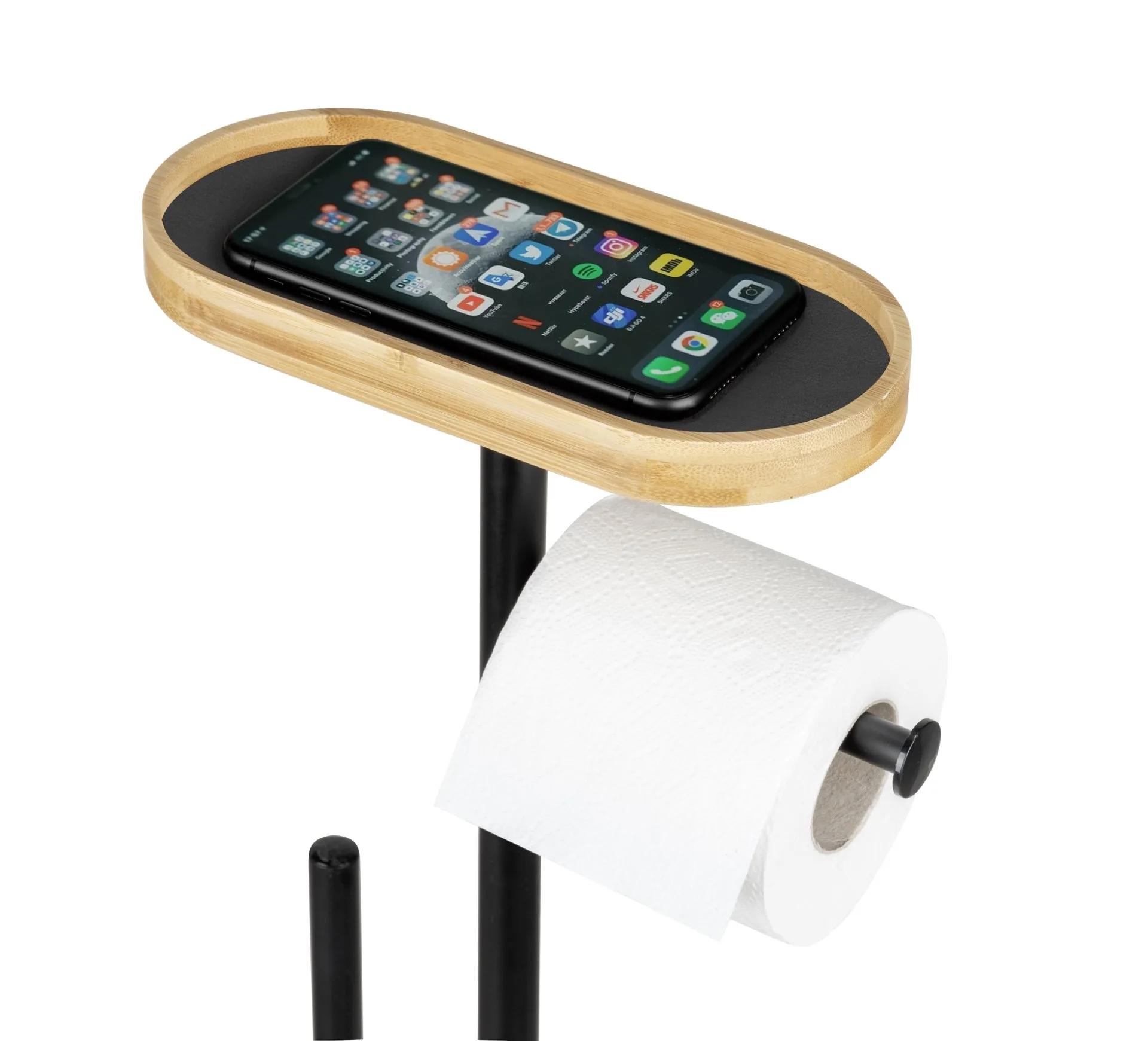 WENKO POMAROLO WC-Garnitur, Schwarz/Braun, Bambus, mit Toilettenpapierhalter und Ablage, stehend