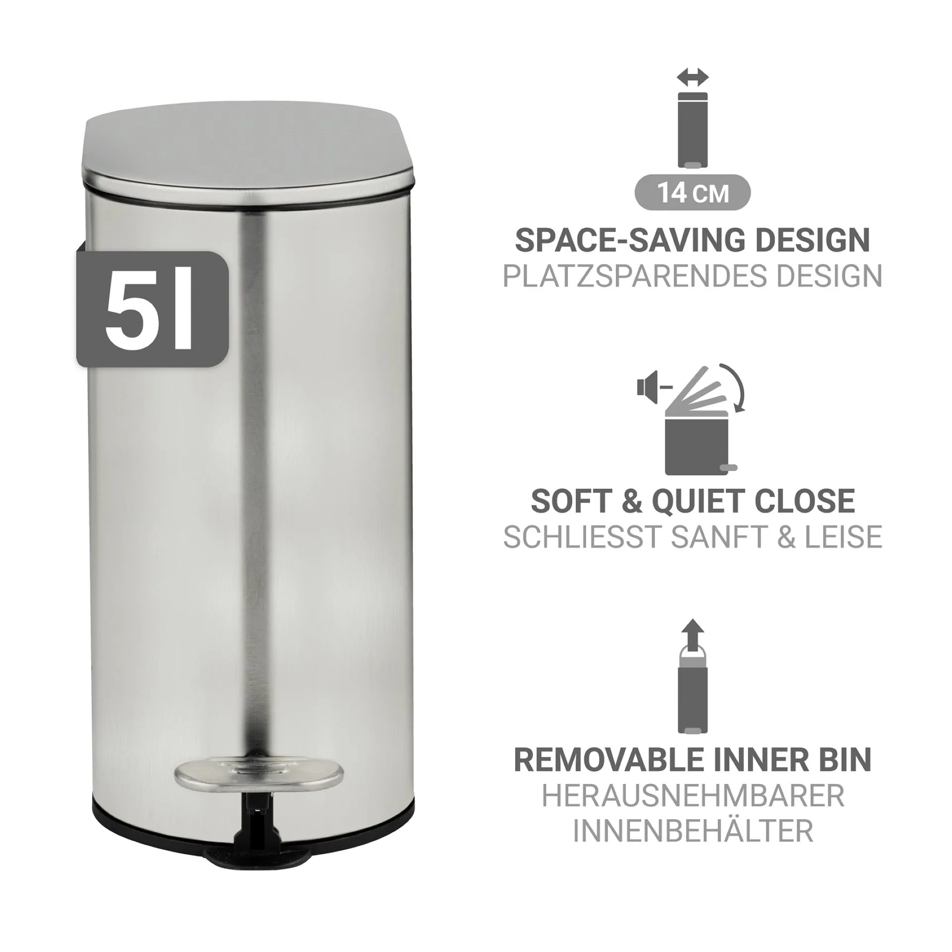 WENKO COLLUNGO Kosmetikeimer 5 Liter, Silber, mit Absenkautomatik