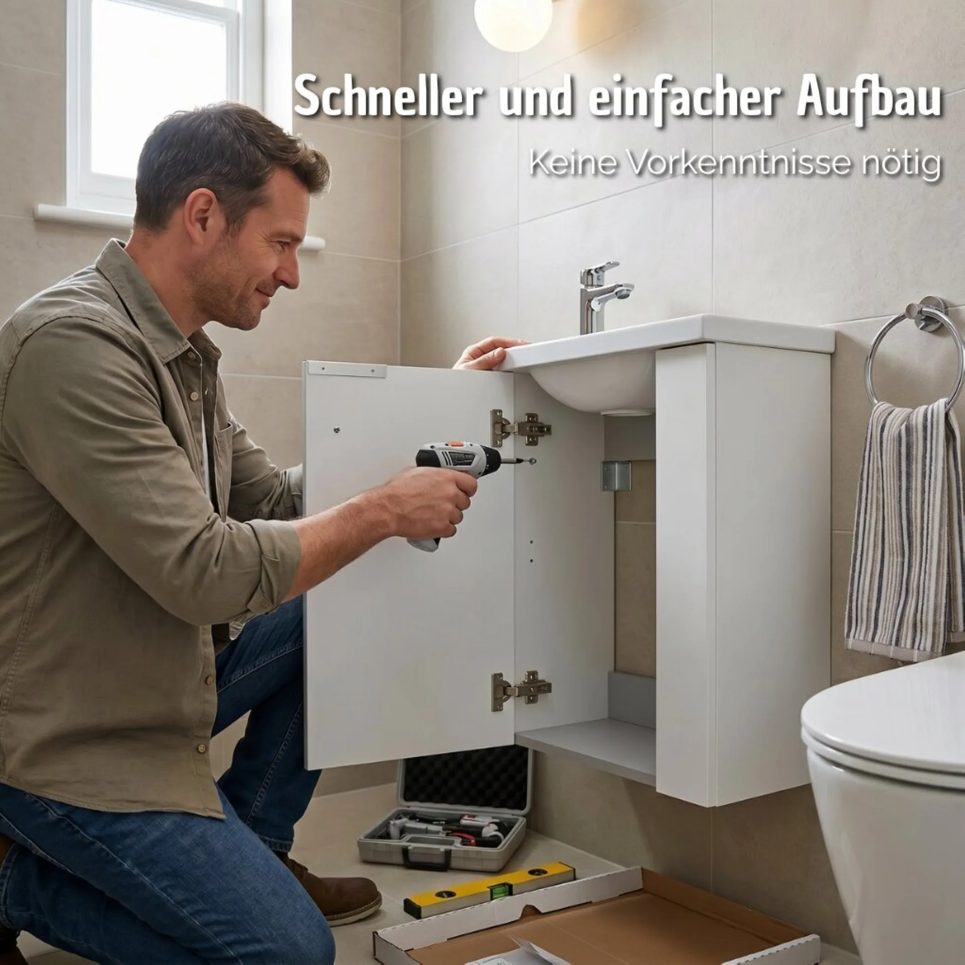 BADEDU UMEA Gäste WC Waschtisch Set 50 cm breit, Weiß, Waschbecken Gussmarmor Weiß