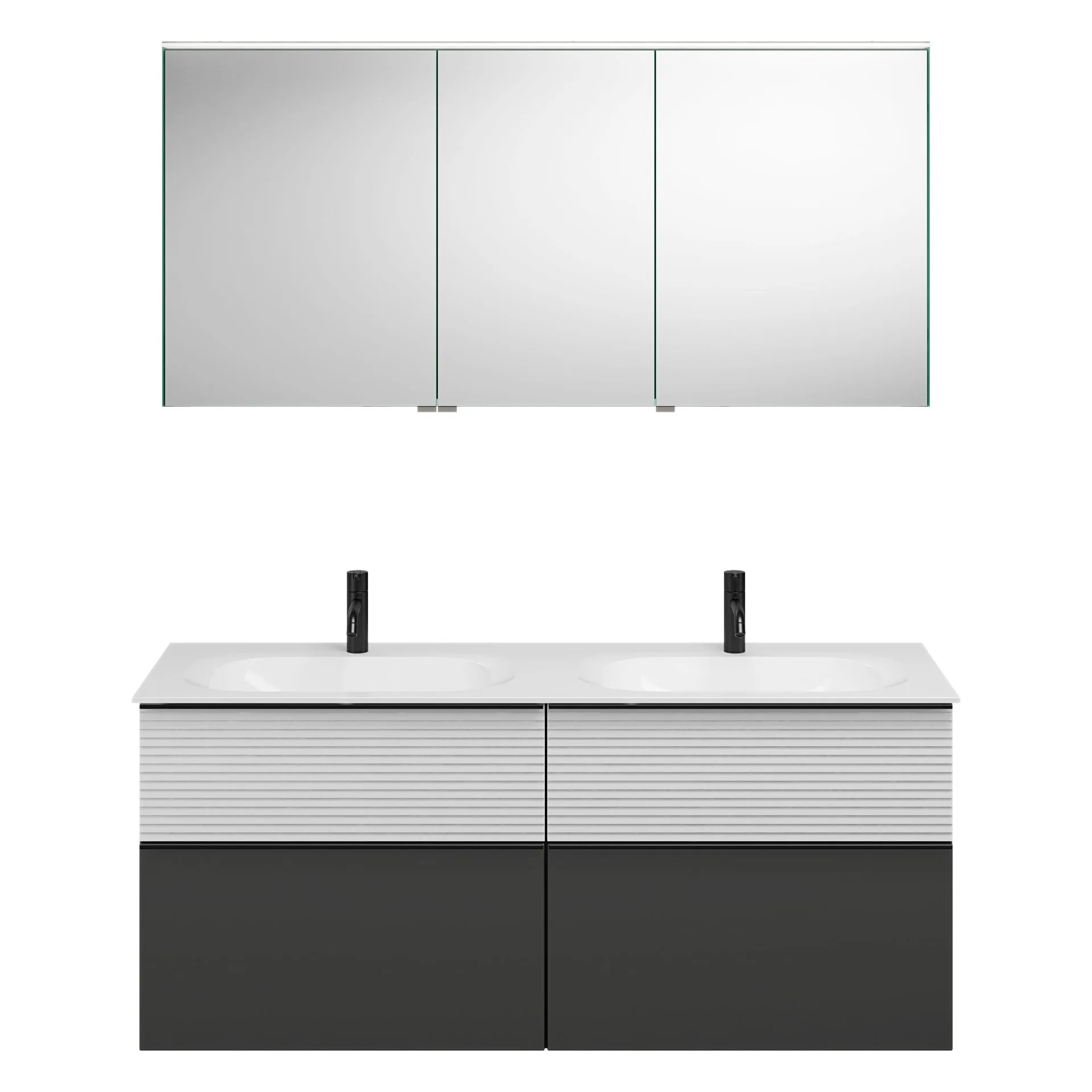 Burgbad FIUMO Waschtisch Set mit Spiegelschrank 142 cm breit, Weiß/Anthrazit, Doppelwaschbecken Gussmarmor Weiß, 4 Schubladen, Anschlag rechts