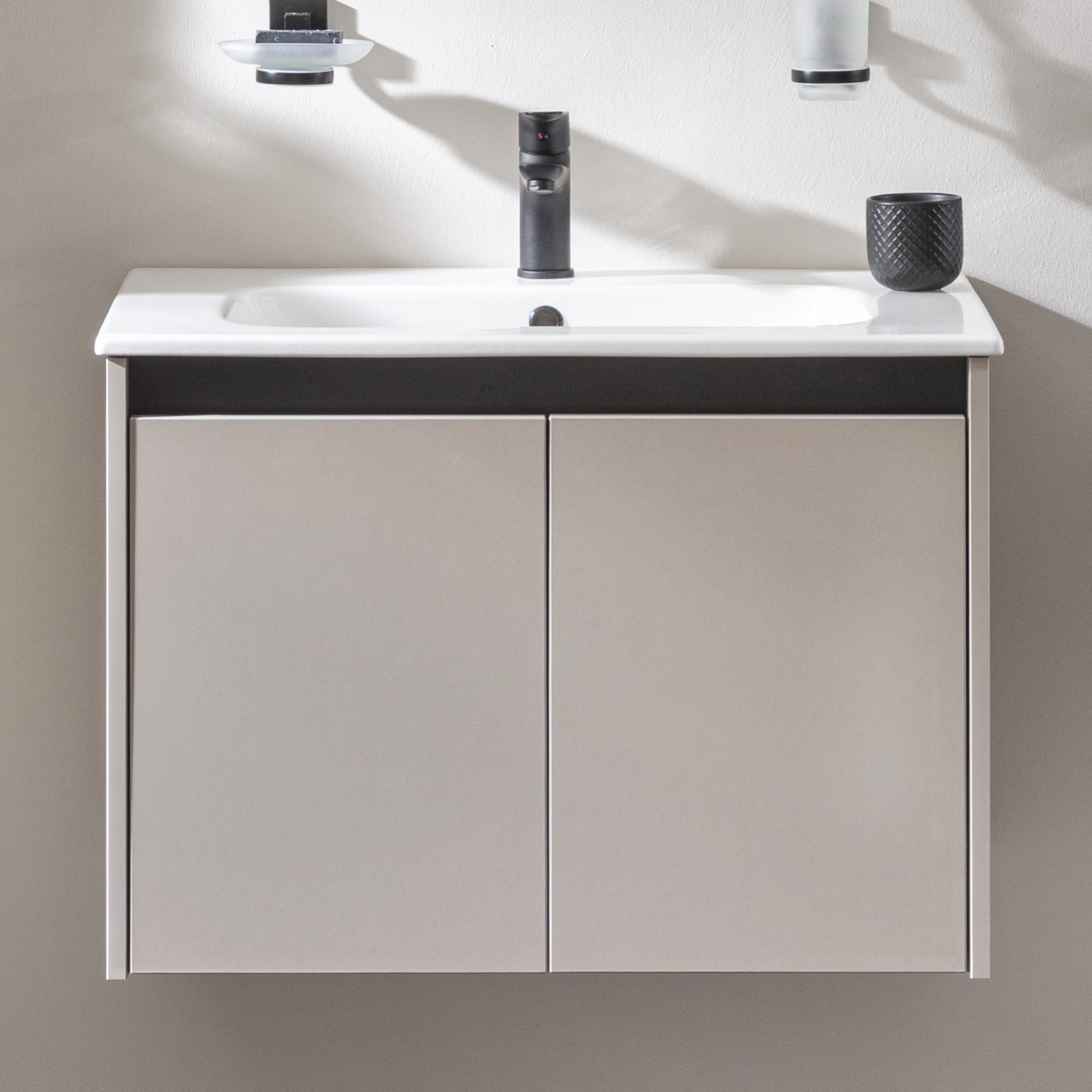 FACKELMANN COMPACT LINE Waschbecken mit Unterschrank 71 cm breit, Grau, Waschbecken Keramik Weiß, 2 Türen