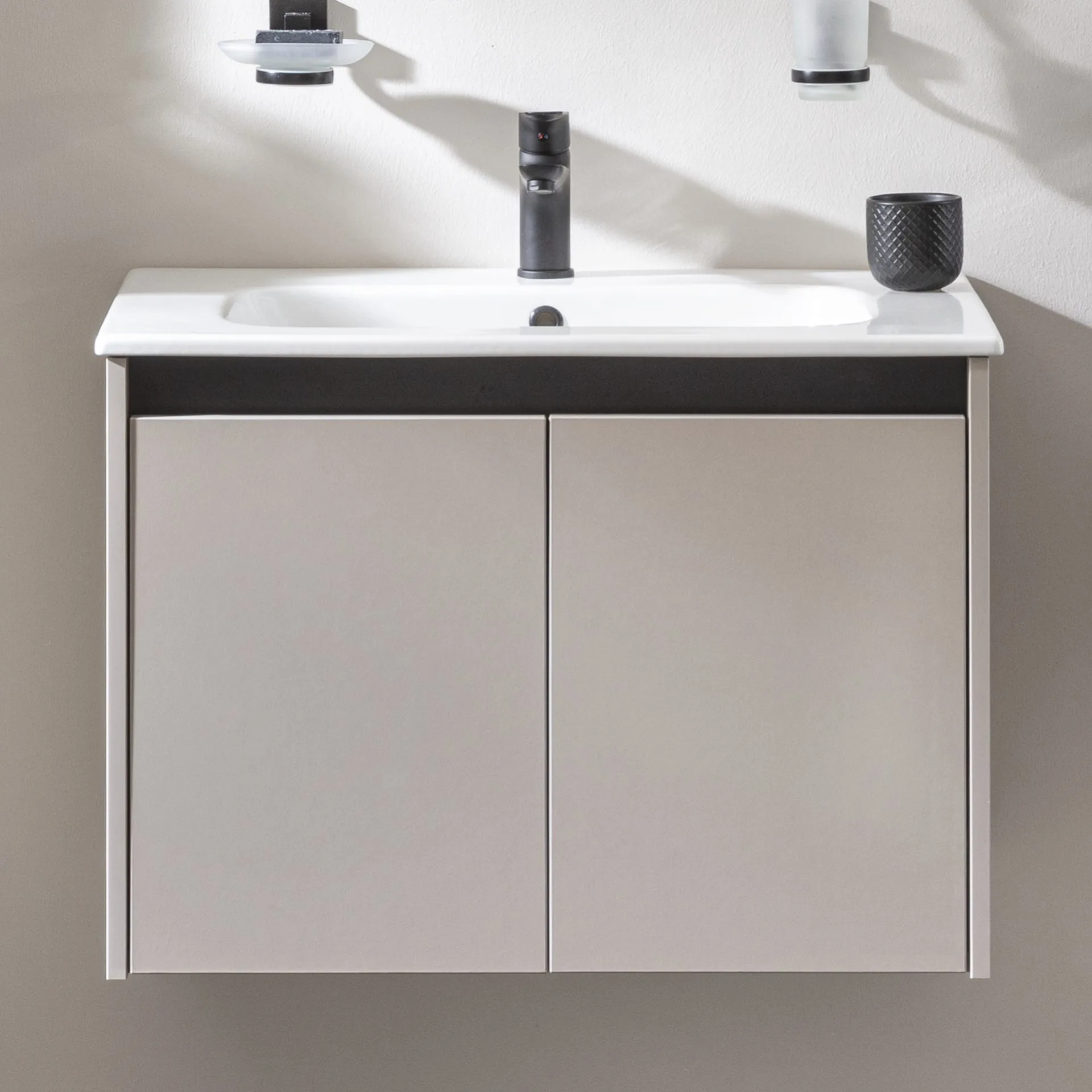 FACKELMANN COMPACT LINE Waschbecken mit Unterschrank 71 cm breit, Grau, Waschbecken Keramik Weiß, 2 Türen