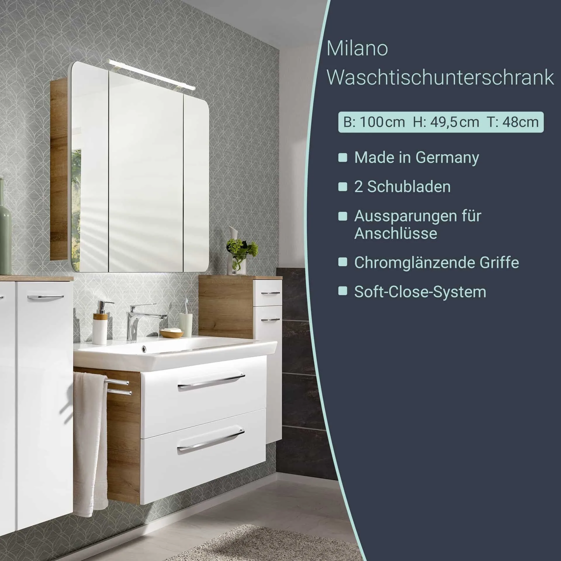 FACKELMANN MILANO Waschbeckenunterschrank 100 cm breit, Weiß/Braun hell