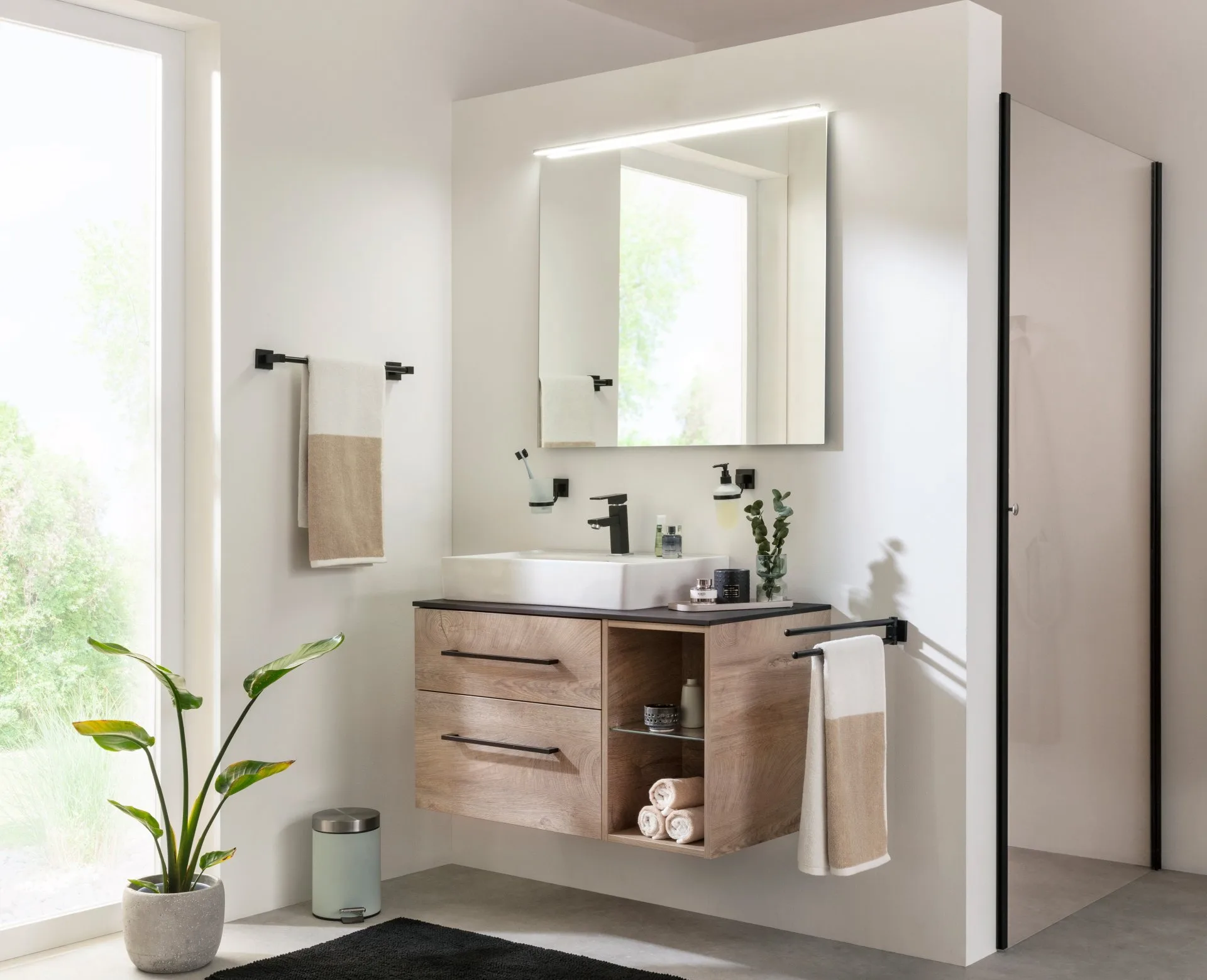 FACKELMANN OXFORD Badmöbel Set 4-teilig 90 cm breit, Braun hell, Aufsatzwaschbecken Keramik Weiß + Waschtischplatte + Regal