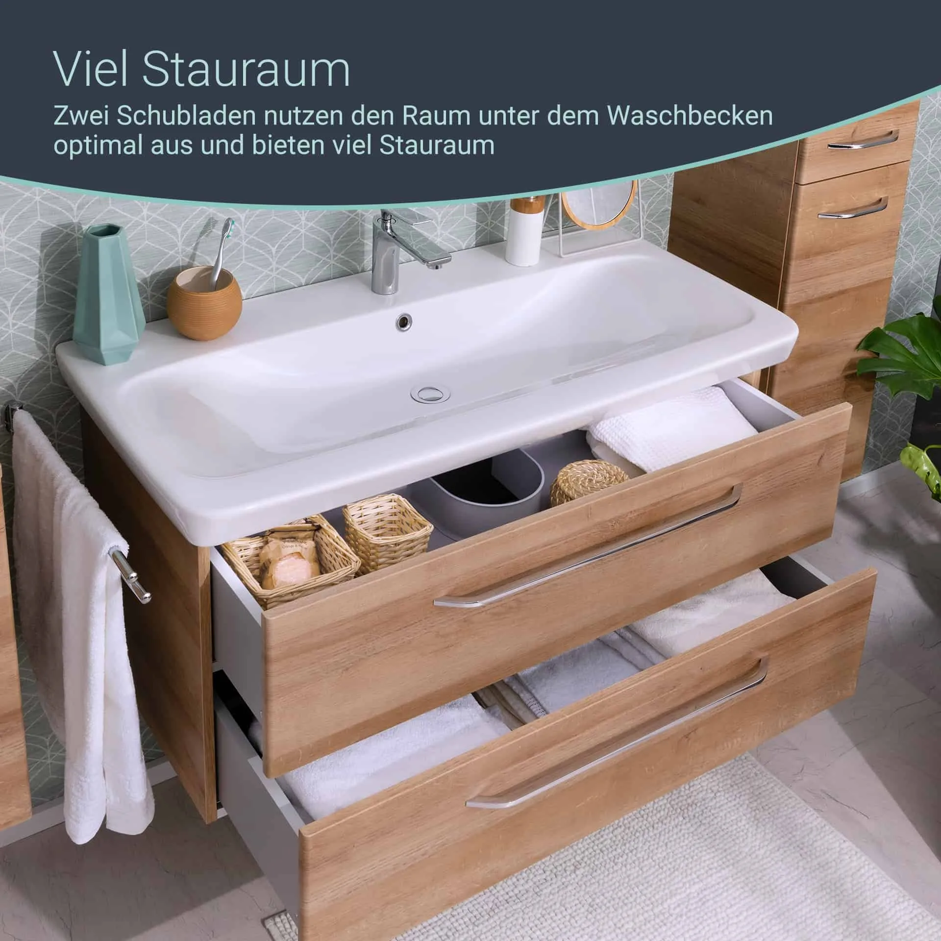 FACKELMANN MILANO Badmöbel Set 4-teilig 88 cm breit, Braun hell, Waschbecken Keramik Weiß + LED Spiegelschrank + Doppel Midischrank