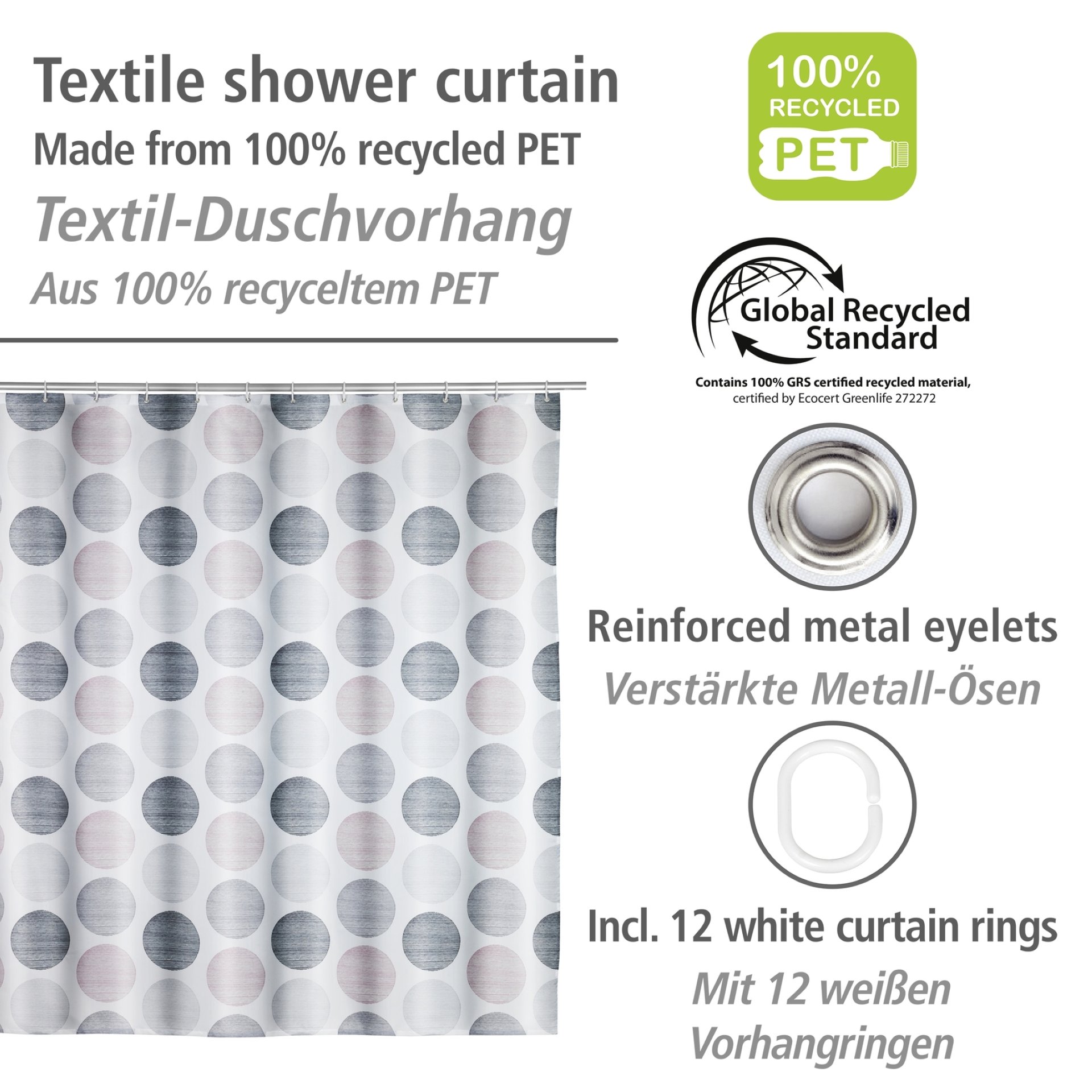 WENKO PASTELL Duschvorhang 180 x 200 cm, Weiß/Grau