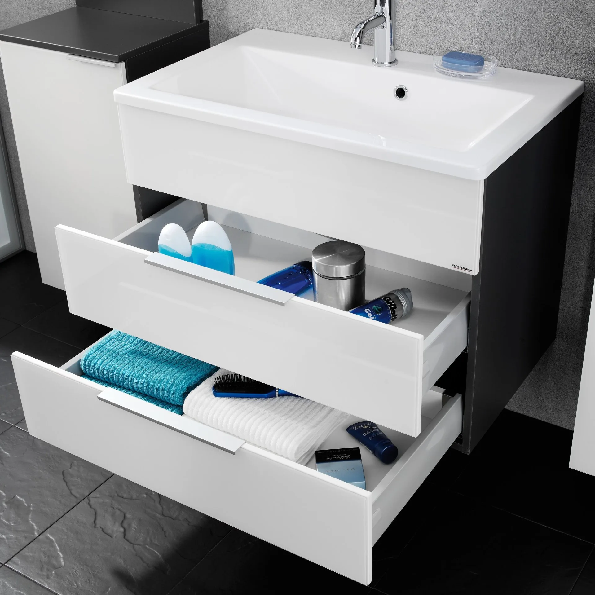 FACKELMANN KARA Waschtisch Set mit Spiegelschrank 80 cm breit, Weiß/Anthrazit, Waschbecken Gussmarmor Weiß, 2 Schubladen