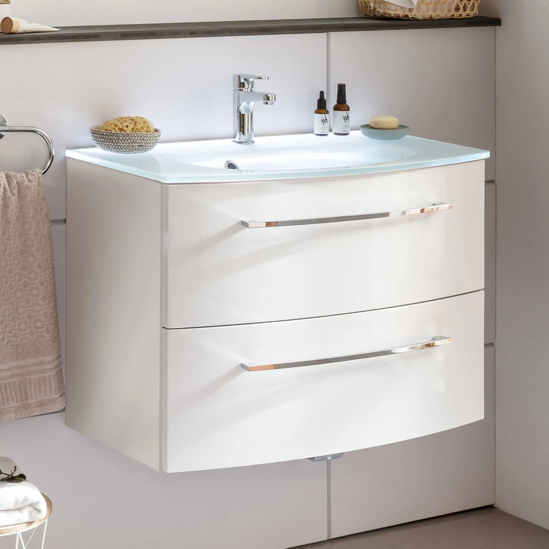 FACKELMANN VERONA Waschbecken mit Unterschrank 80 cm breit, Weiß, Waschbecken Glas Weiß