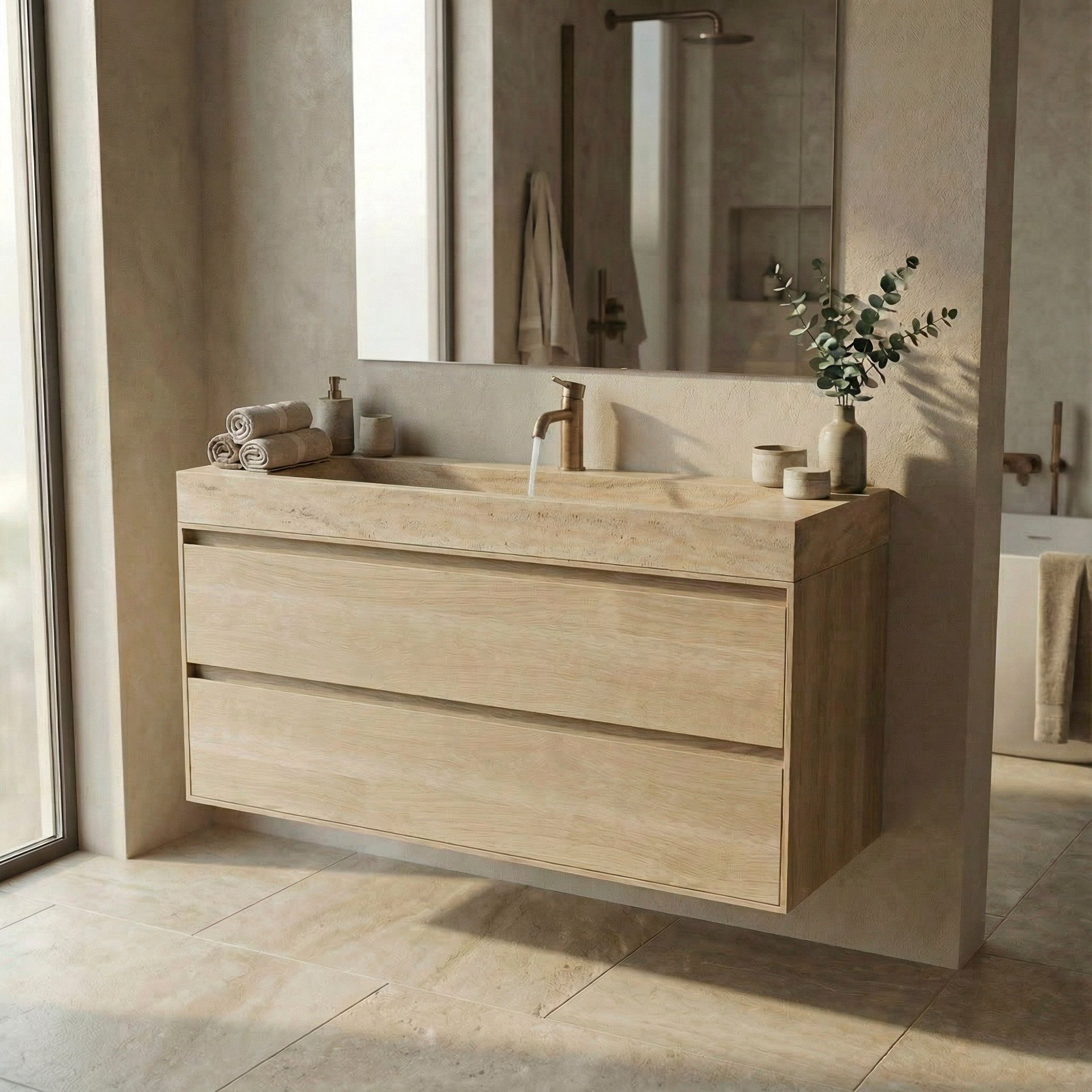 FORZALAQUA IBIZA BELLEZZA Waschbecken mit Unterschrank 120 cm breit, Braun hell, Natursteinwaschbecken Travertin matt mit Hahnloch, 2 Schubladen