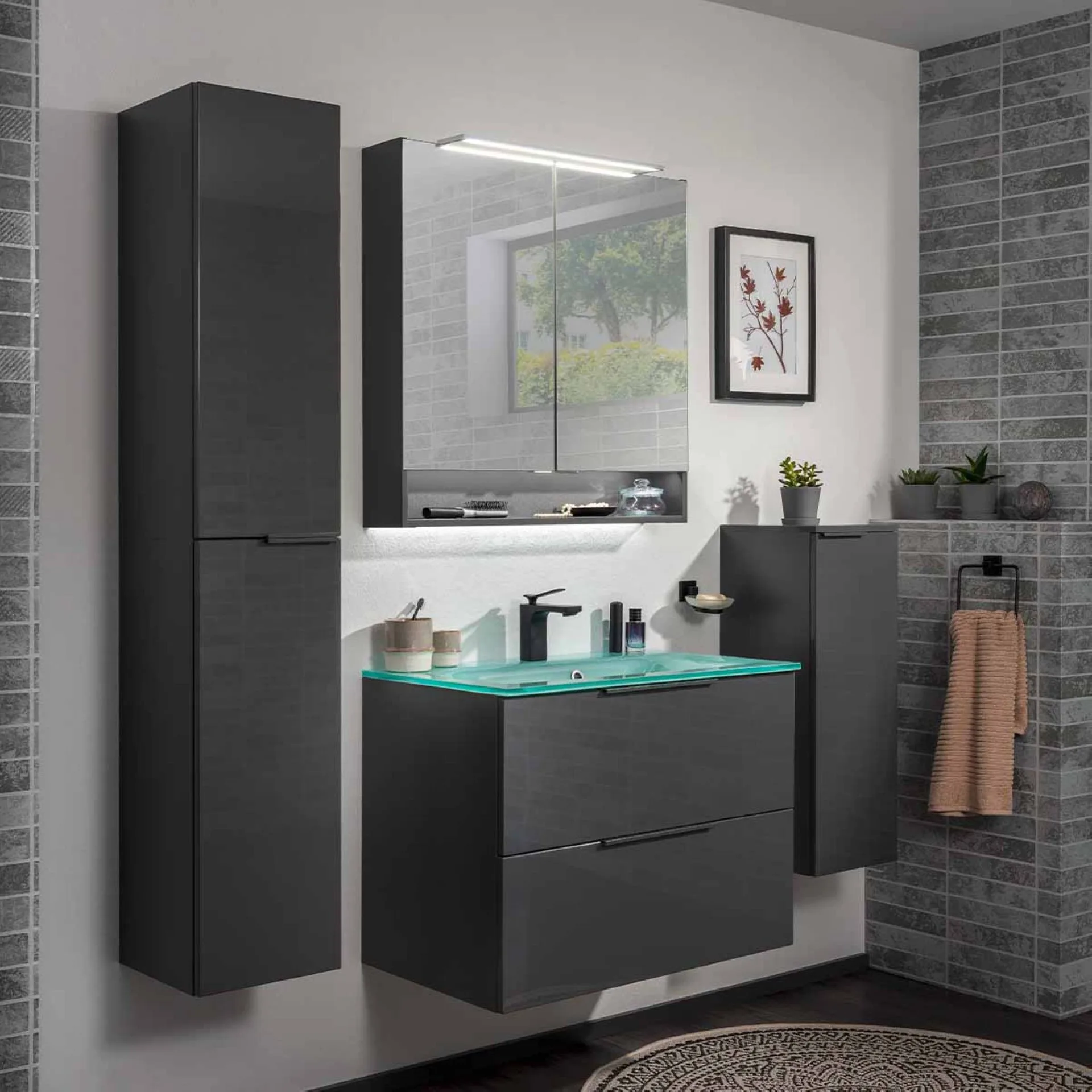 FACKELMANN LUNA Waschtisch Set mit Spiegelschrank 80 cm breit, Anthrazit, Waschbecken Glas Mint + Ambientebeleuchtung
