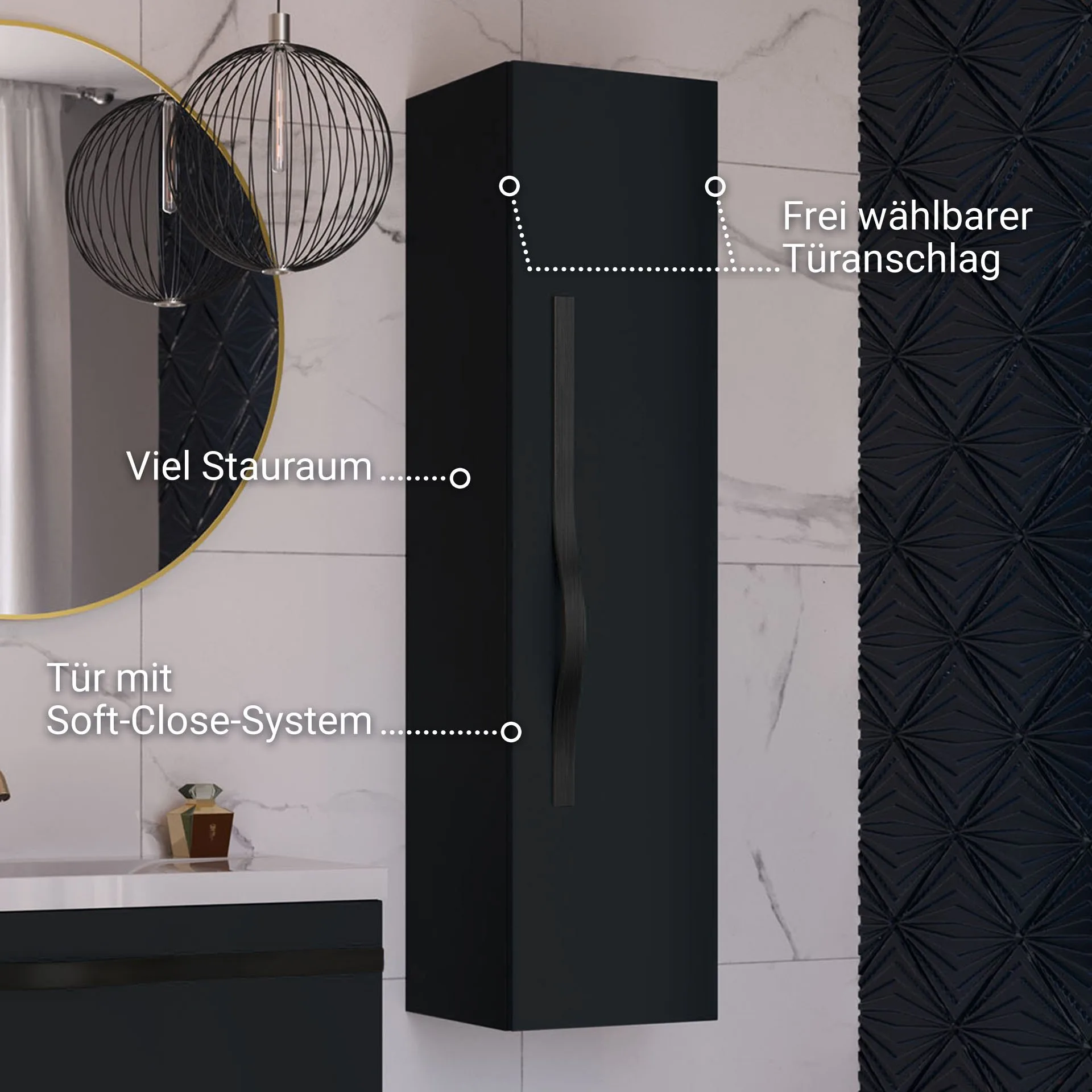 BADEDU FILS Hochschrank 33 cm breit, Schwarz, Griff Schwarz