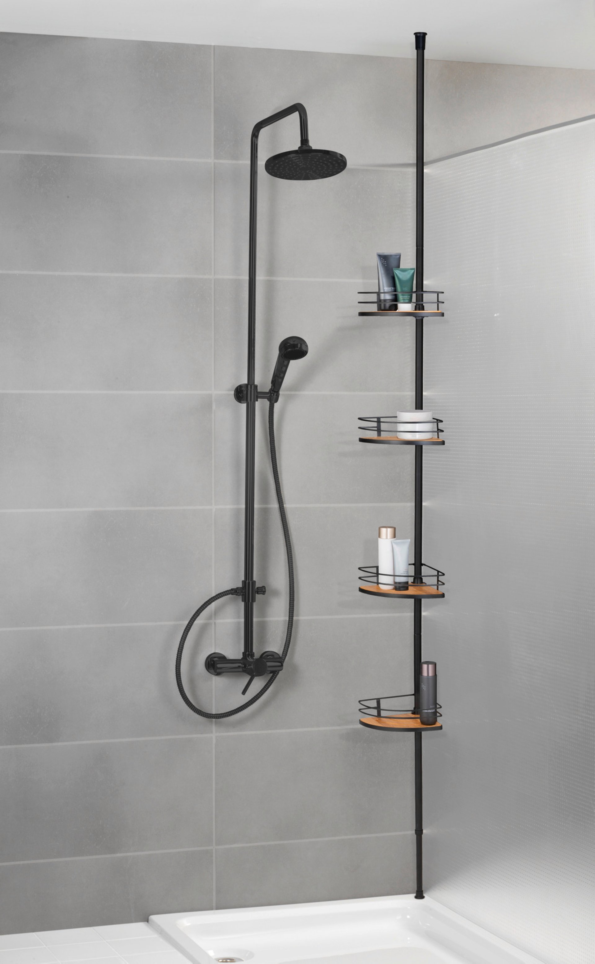 WENKO DOLCEDO Dusch Eckablage, Schwarz/Braun, 4 Etagen, Edelstahl rostfrei/Bambus, zum Einklemmen