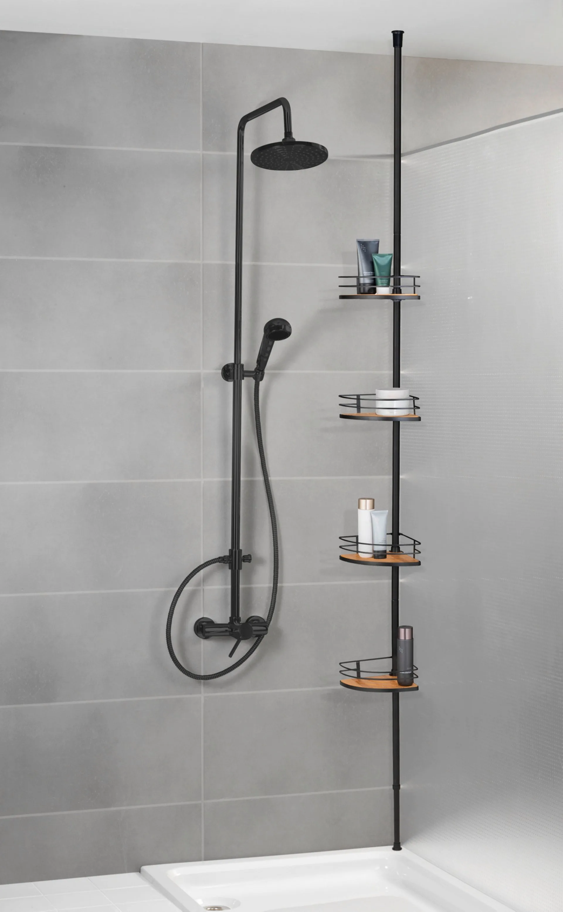 WENKO DOLCEDO Dusch Eckablage, Schwarz/Braun, 4 Etagen, Edelstahl rostfrei/Bambus, zum Einklemmen