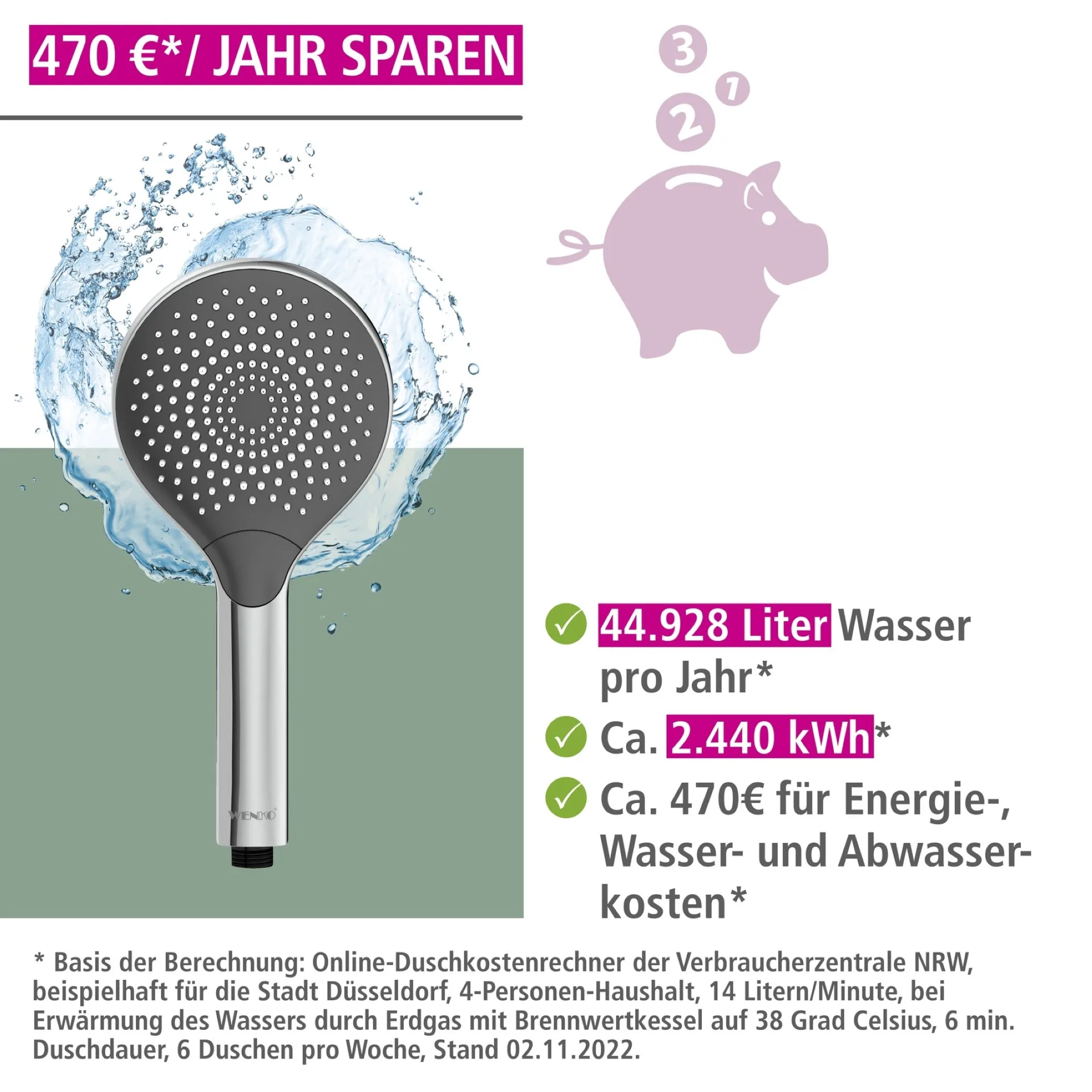 WENKO Duschkopf Ø 12 cm, Chrom/Grau, mit Wassersparsystem, 3 verschiedene Wasserstrahlarten