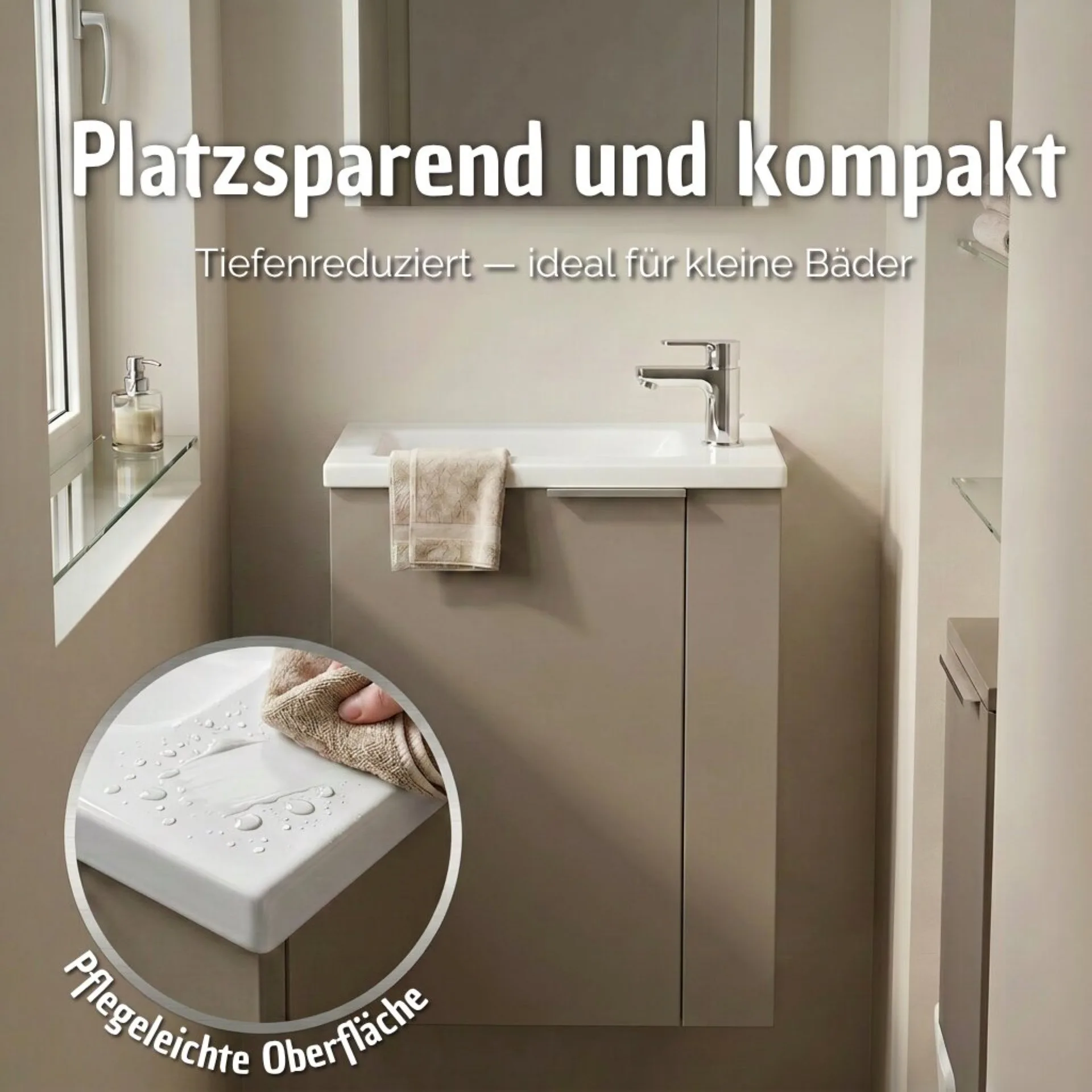 BADEDU UMEA Gäste WC Waschtisch Set 50 cm breit, Grau, Waschbecken Gussmarmor Weiß