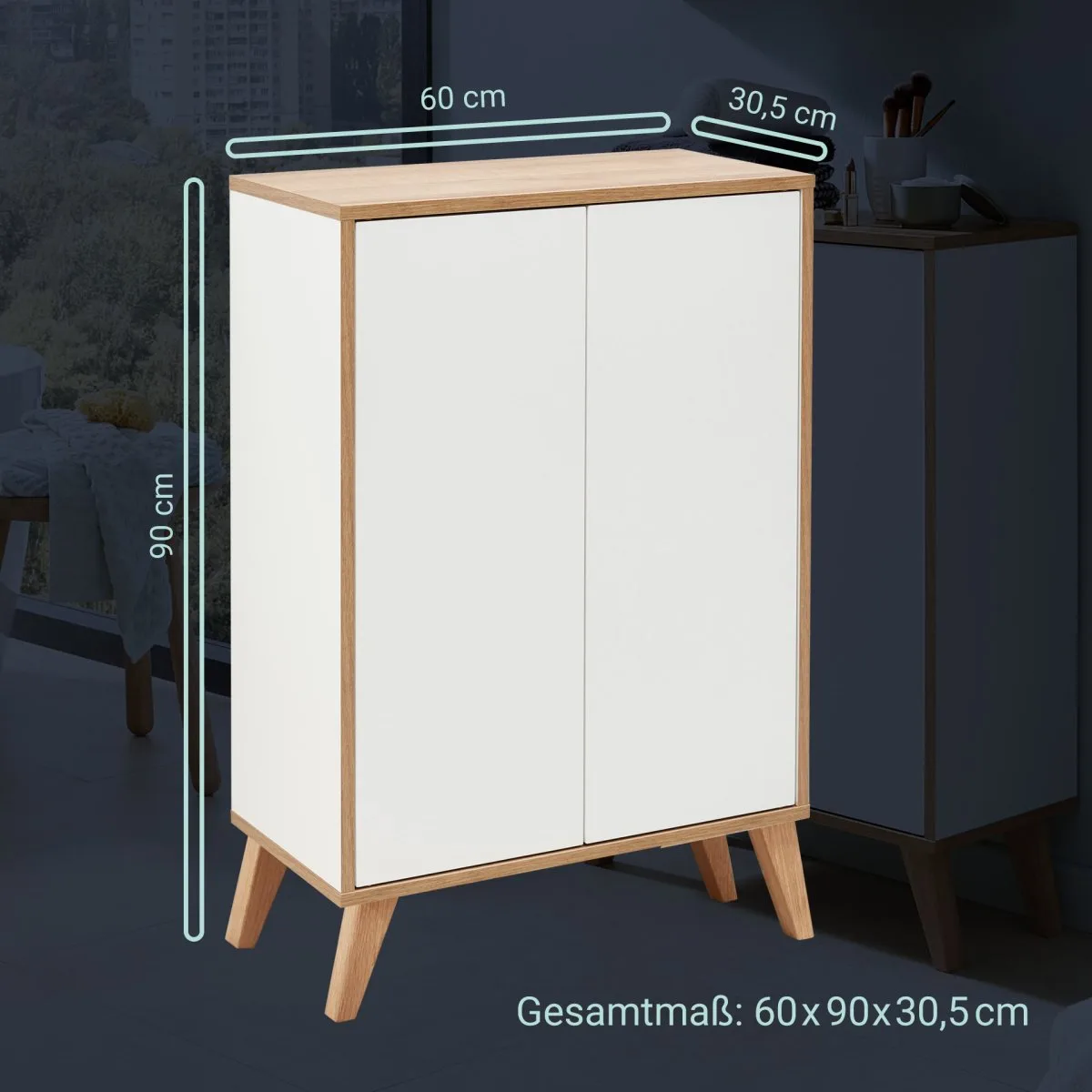 FACKELMANN FINN Doppel Midischrank 60 cm breit, Weiß/Braun hell + Holzfüße