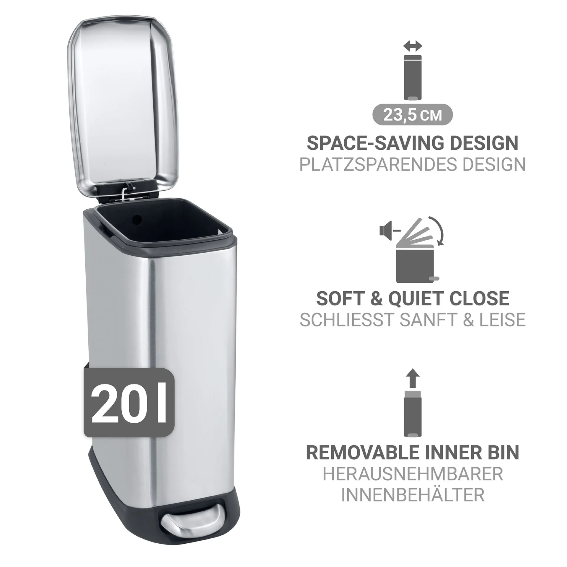 WENKO DESIGN Mülleimer 20 Liter, Silber, mit Absenkautomatik