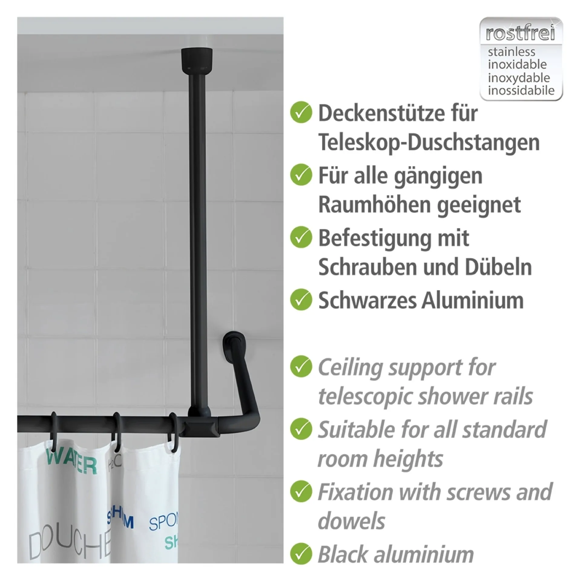 WENKO Deckenstütze für Duschstange 57 cm, Schwarz, Aluminium