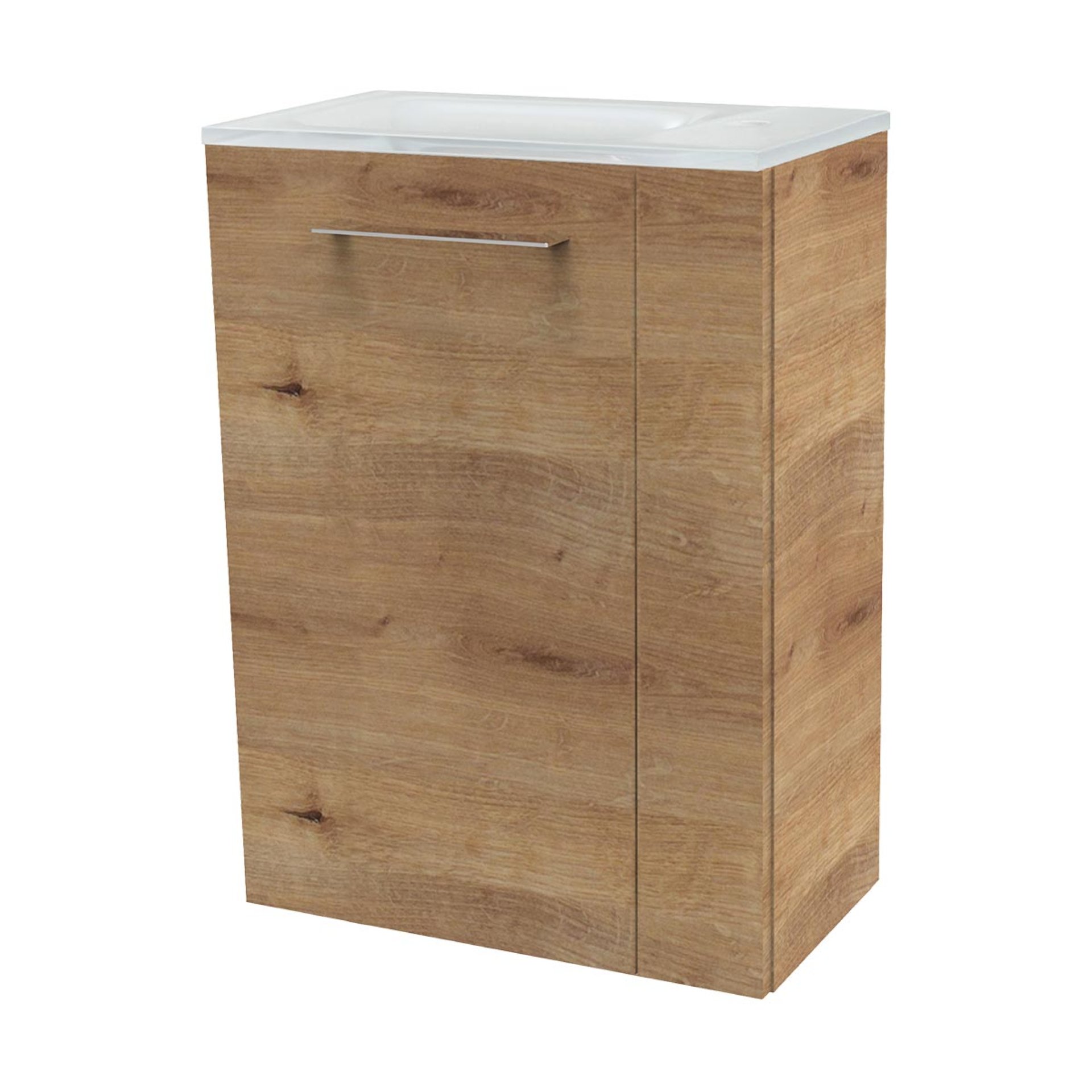 FACKELMANN SBC MILANO Gäste WC Waschtisch Set 45 cm breit, Braun hell, Waschbecken Glas Weiß, Türanschlag links