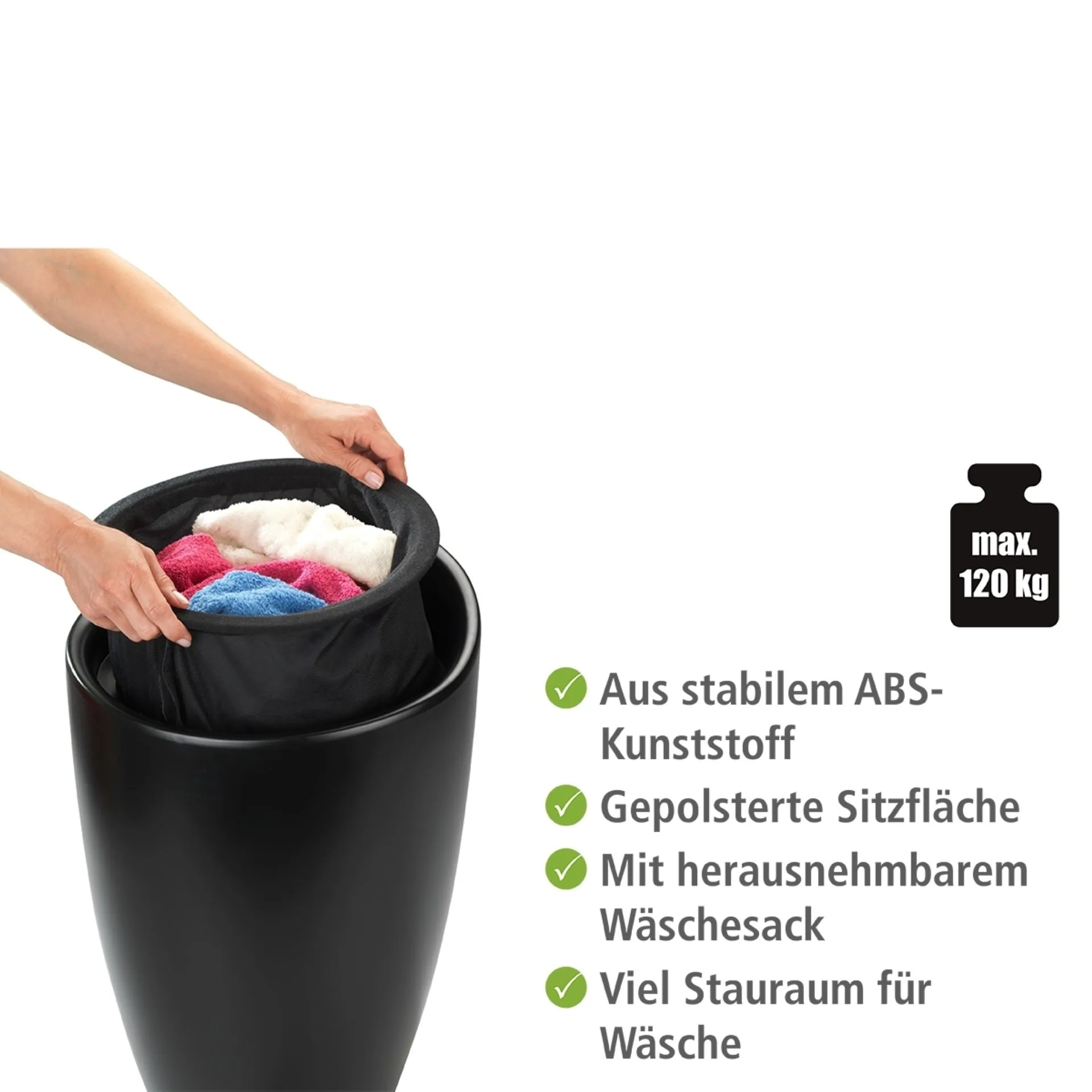 WENKO CANDY Badhocker, Schwarz matt, mit abnehmbarem Wäschesack