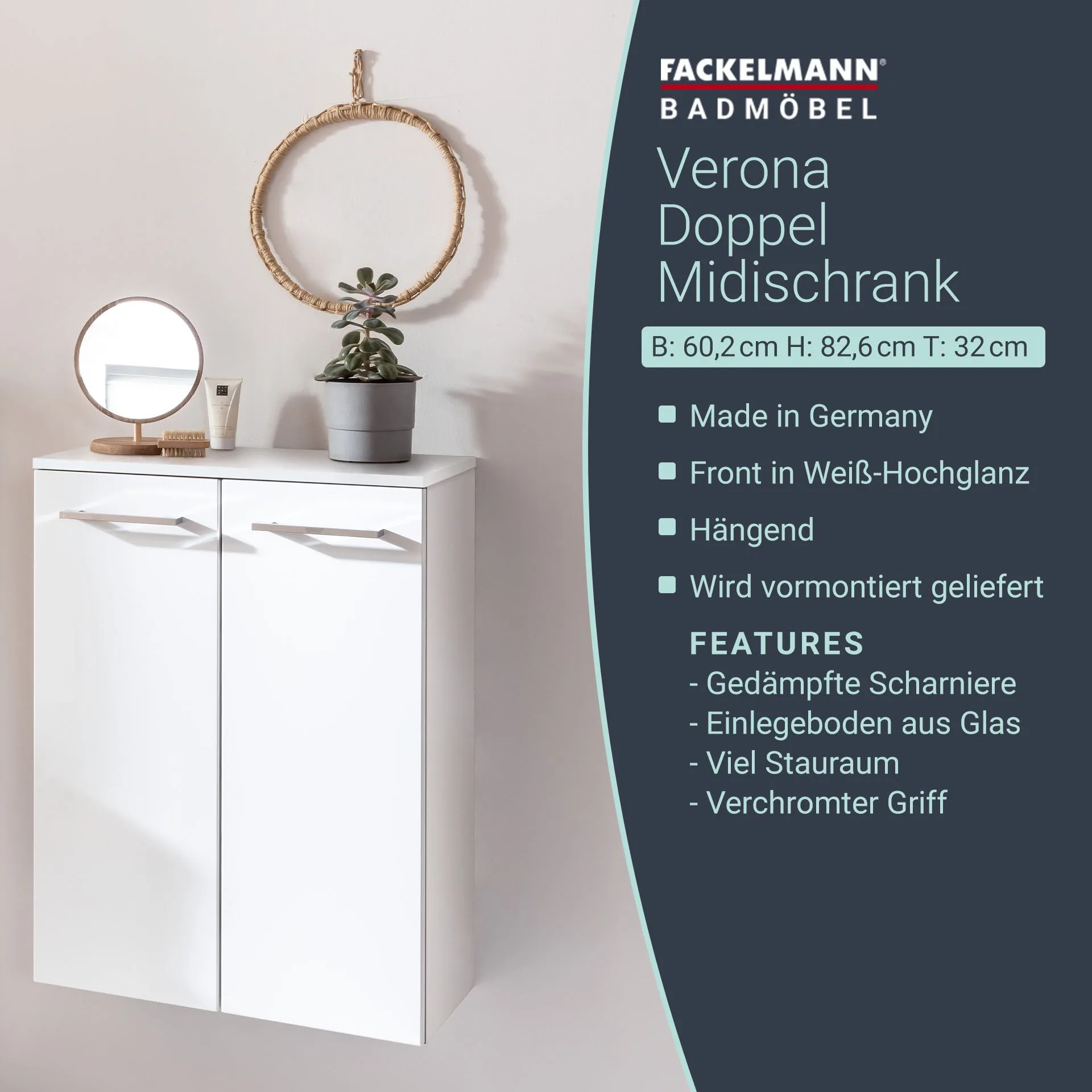 Fackelmann VERONA Doppel Midischrank 60 cm, Weiß Hochglanz