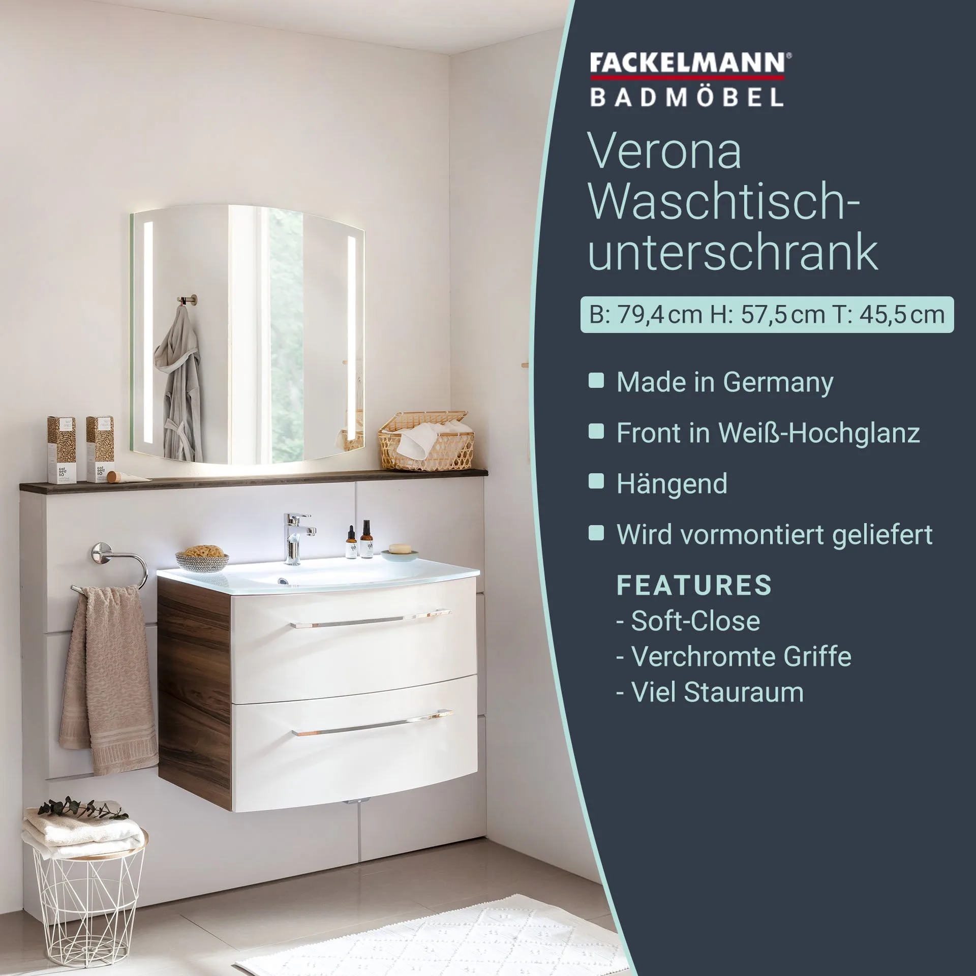 FACKELMANN VERONA Waschbeckenunterschrank 79,4 cm breit, Weiß/Braun Dunkel