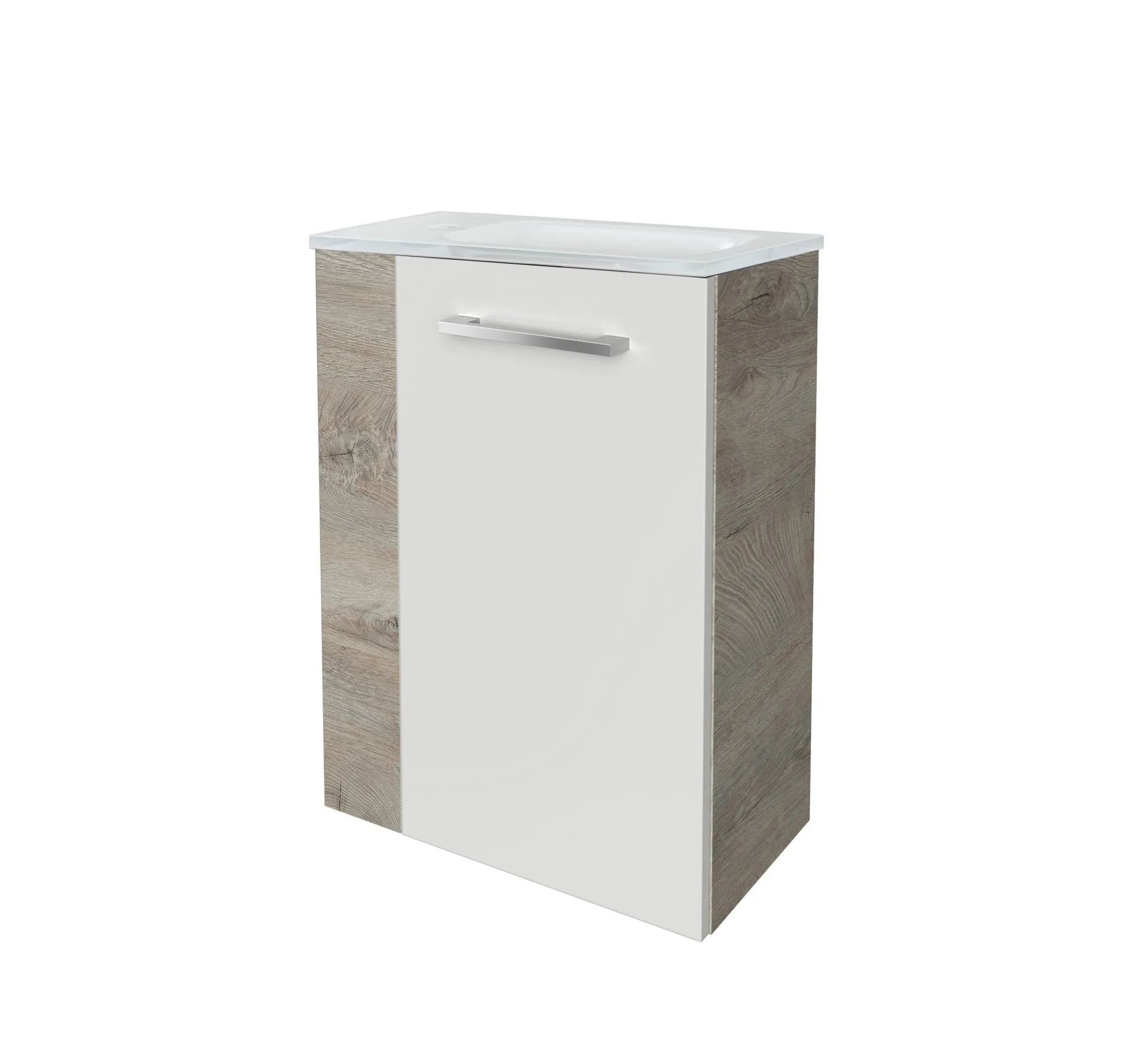 FACKELMANN SBC STANFORD Gäste WC Waschtisch Set 45 cm breit, Weiß/Braun hell, Waschbecken Glas Weiß, Türanschlag rechts