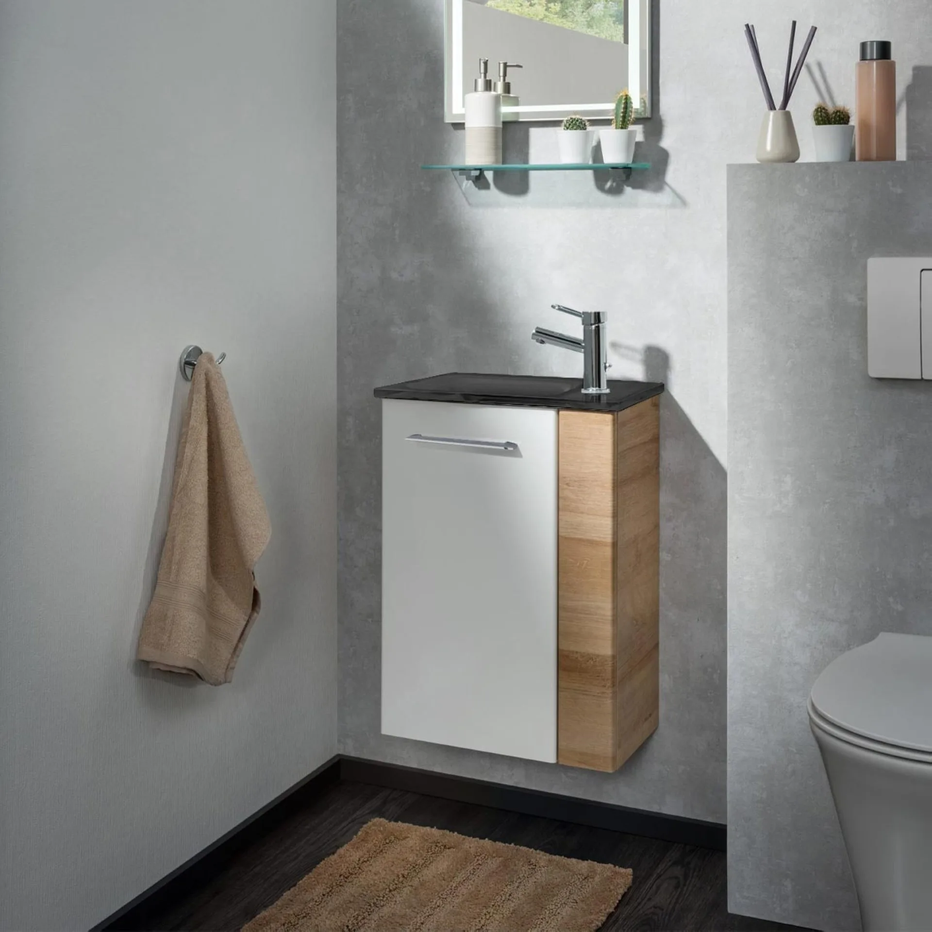 FACKELMANN SBC MILANO Gäste WC Waschtisch Set 45 cm breit, Weiß/Braun hell, Waschbecken Glas Anthrazit, Türanschlag links