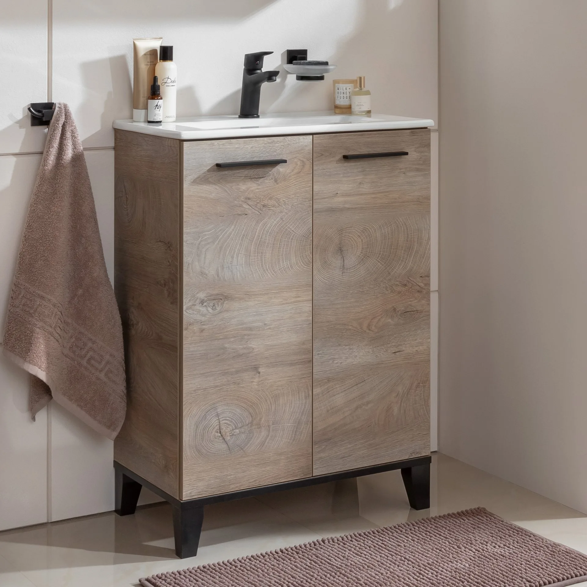 FACKELMANN TE-A Waschbecken mit Unterschrank 60 cm breit, Braun hell, Waschbecken Keramik Weiß, mit Füßen