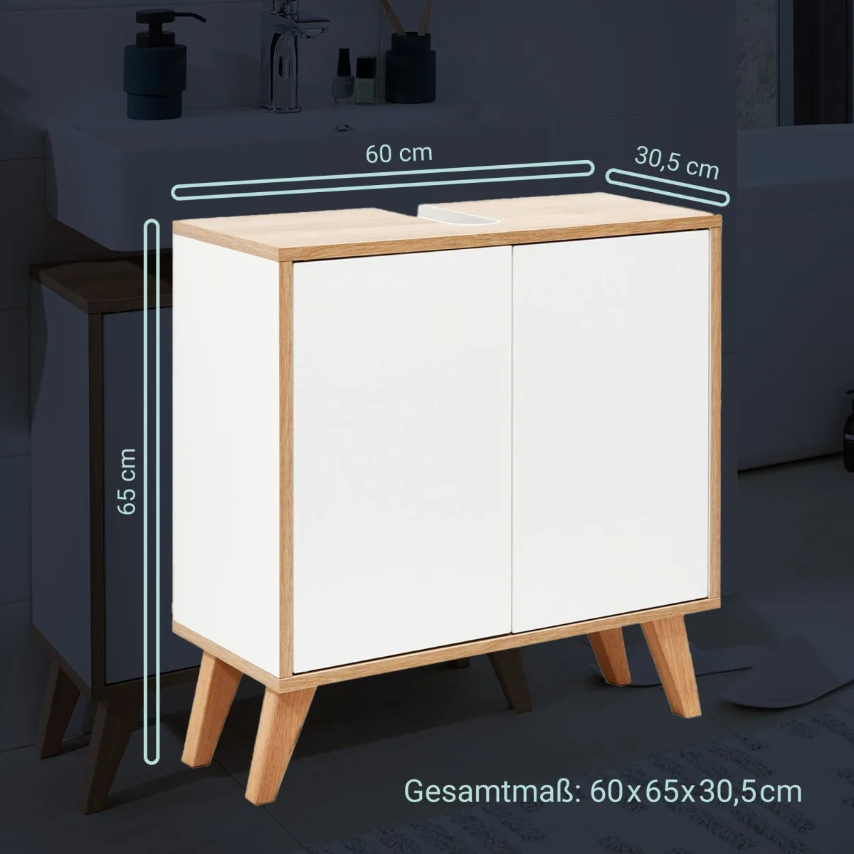 FACKELMANN FINN Waschbecken mit Unterschrank 60 cm breit, Weiß/Braun hell, Waschbecken Keramik Weiß + Holzfüße