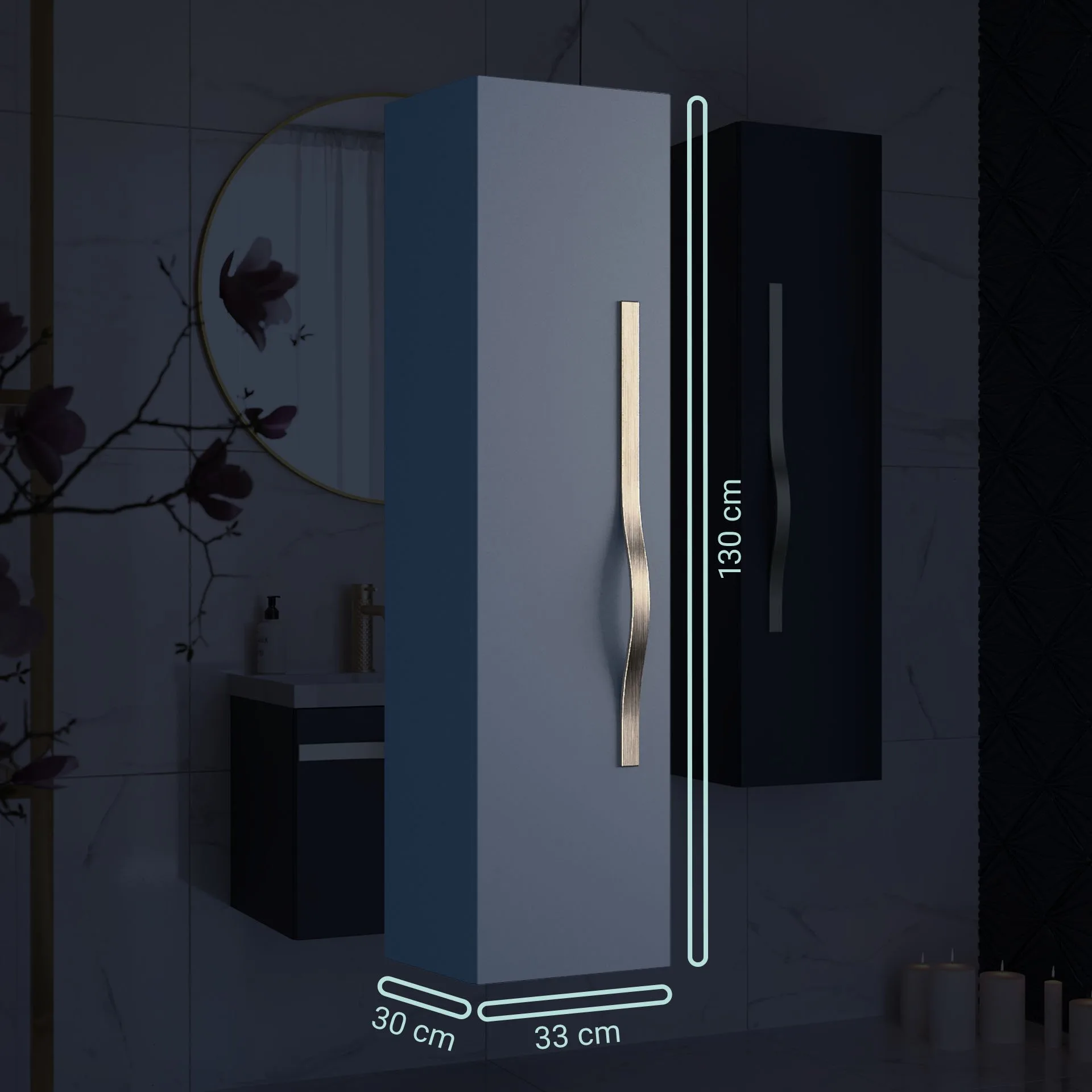 BADEDU FILS Hochschrank 33 cm breit, Blau, Griff Silber