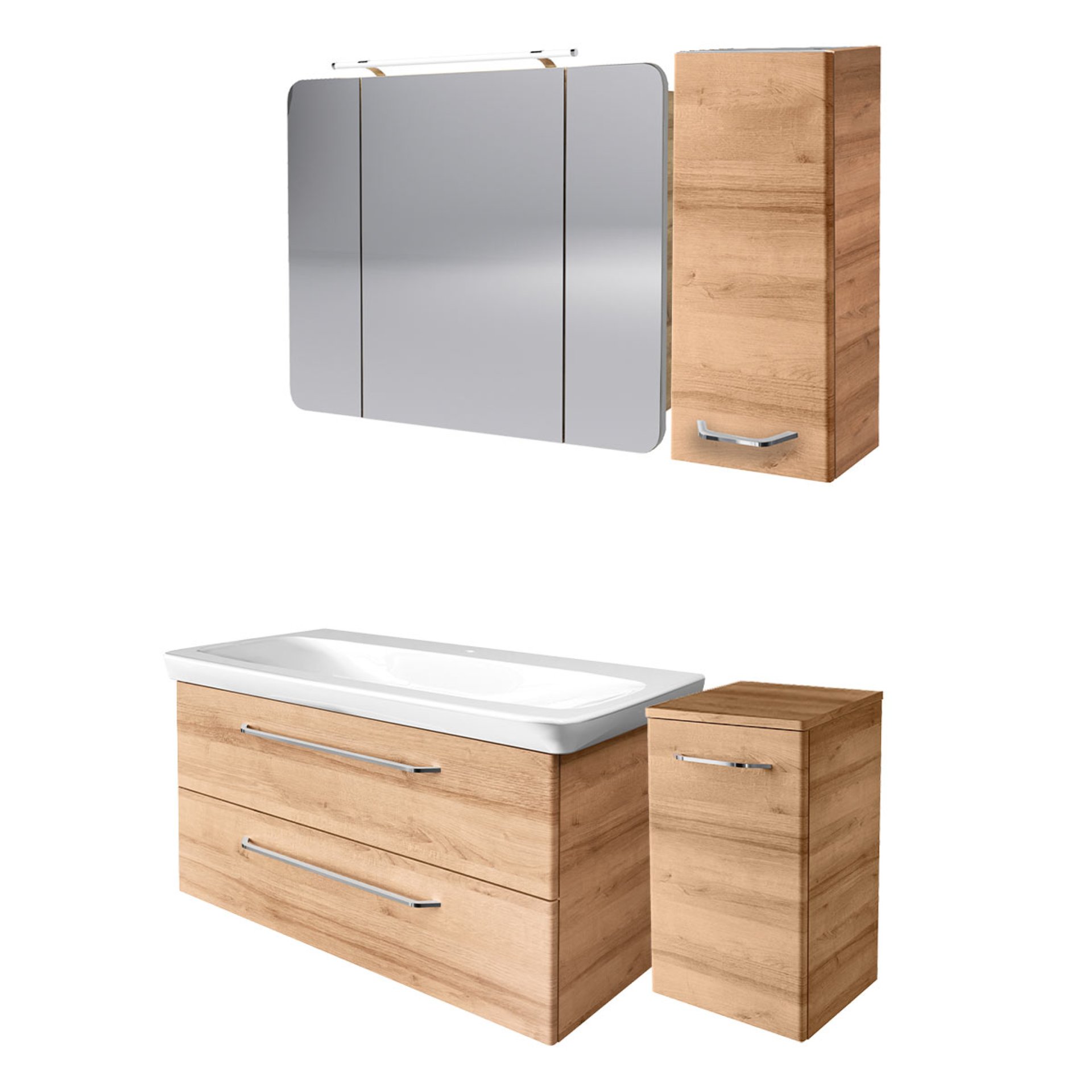 FACKELMANN MILANO Badmöbel Set 5-teilig, 107 cm breit, Braun hell, Waschbecken Keramik, Spiegelschrank + 2 Badschränke