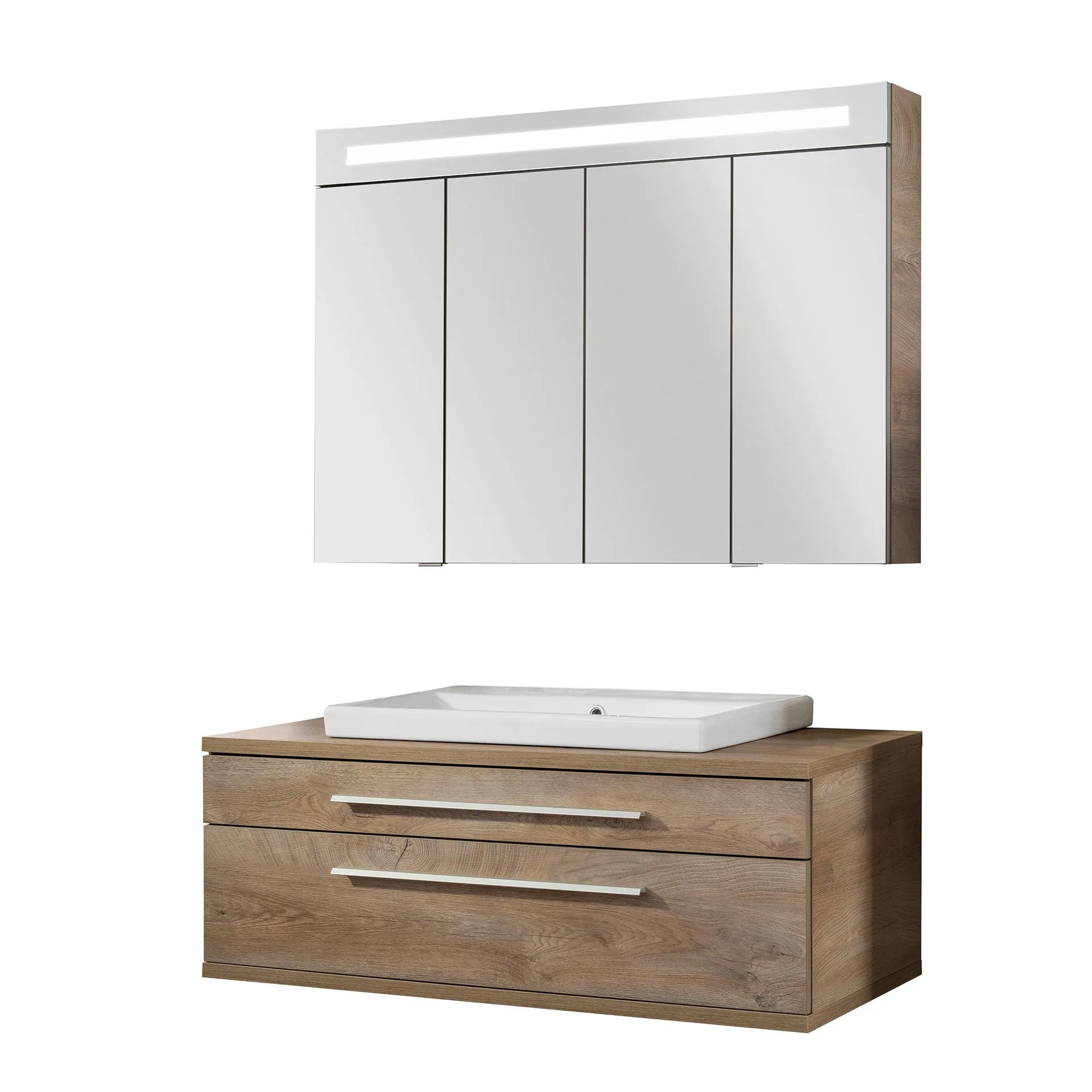 Fackelmann STANFORD Badmöbel Set 3-teilig,110 cm breit, Braun, Keramik + Spiegelschrank