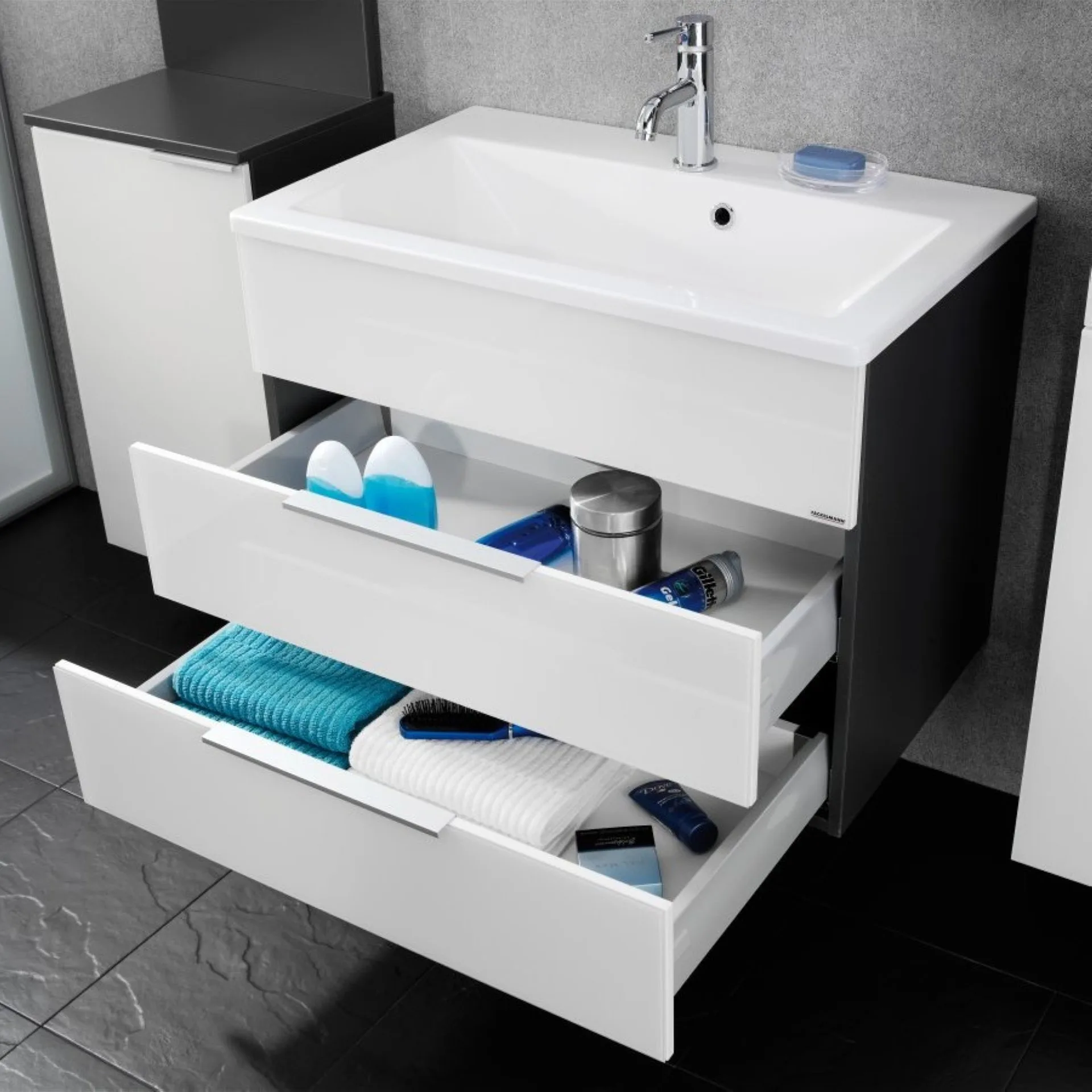 FACKELMANN KARA Waschbeckenunterschrank 80 cm breit, Weiß/Anthrazit, 2 Schubladen