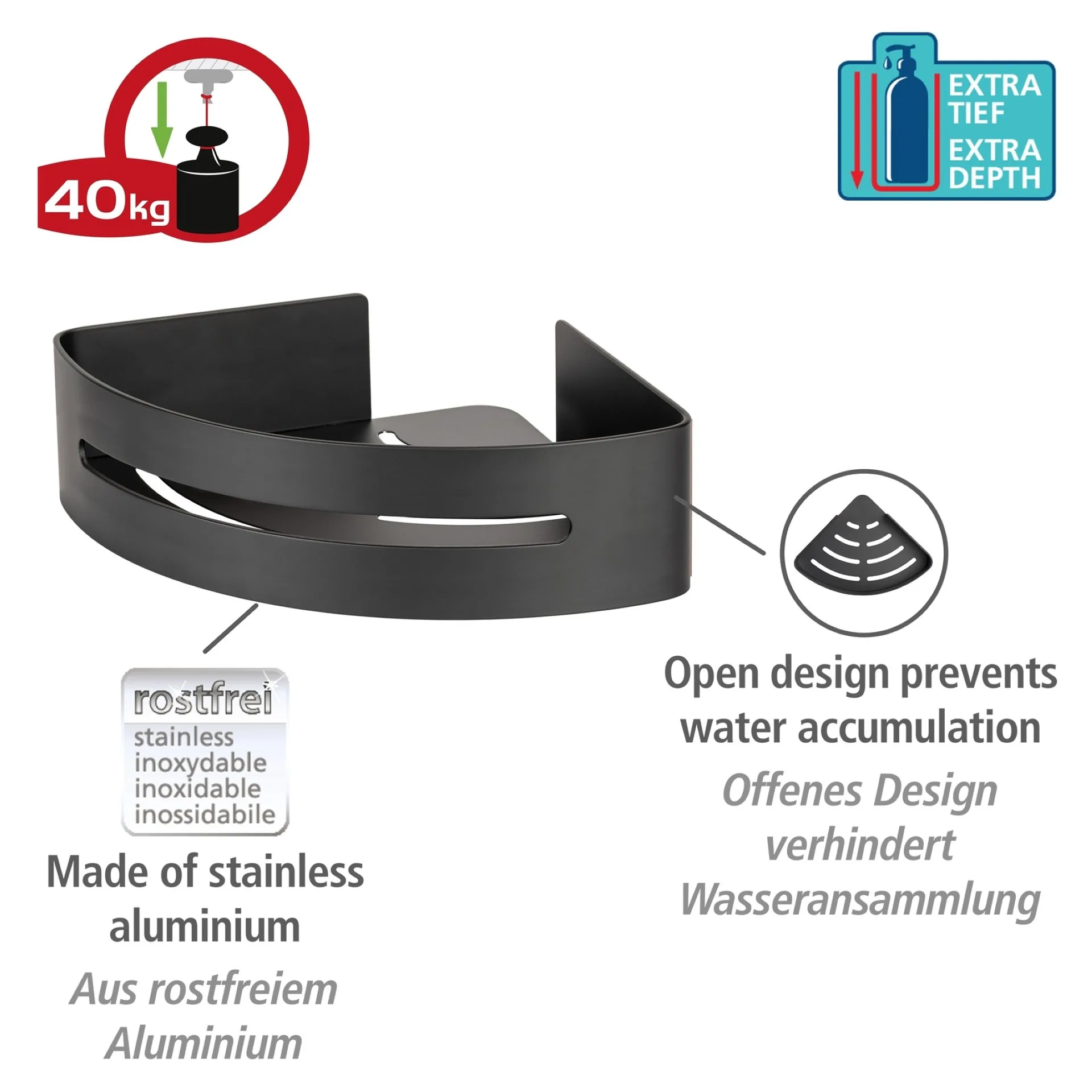WENKO BIVIO Dusch Eckablage 30,5 cm, Schwarz matt, Befestigen ohne Bohren