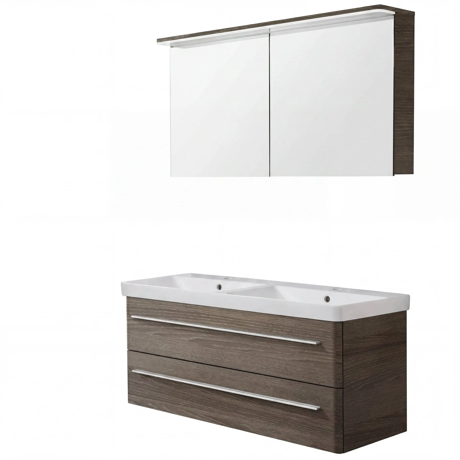 LANZET K8 Waschtisch Set mit Spiegelschrank 120 cm breit, Braun dunkel, Doppelwaschbecken Keramik Weiß