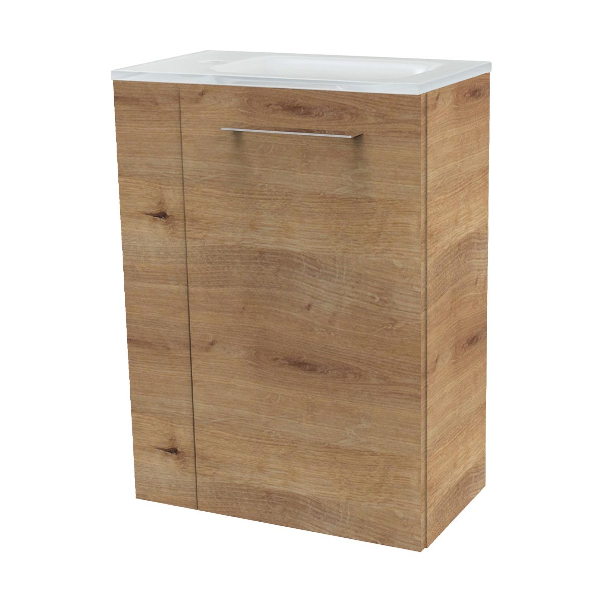 FACKELMANN SBC MILANO Gäste WC Waschtisch Set 45 cm breit, Braun hell, Waschbecken Glas Weiß, Türanschlag rechts