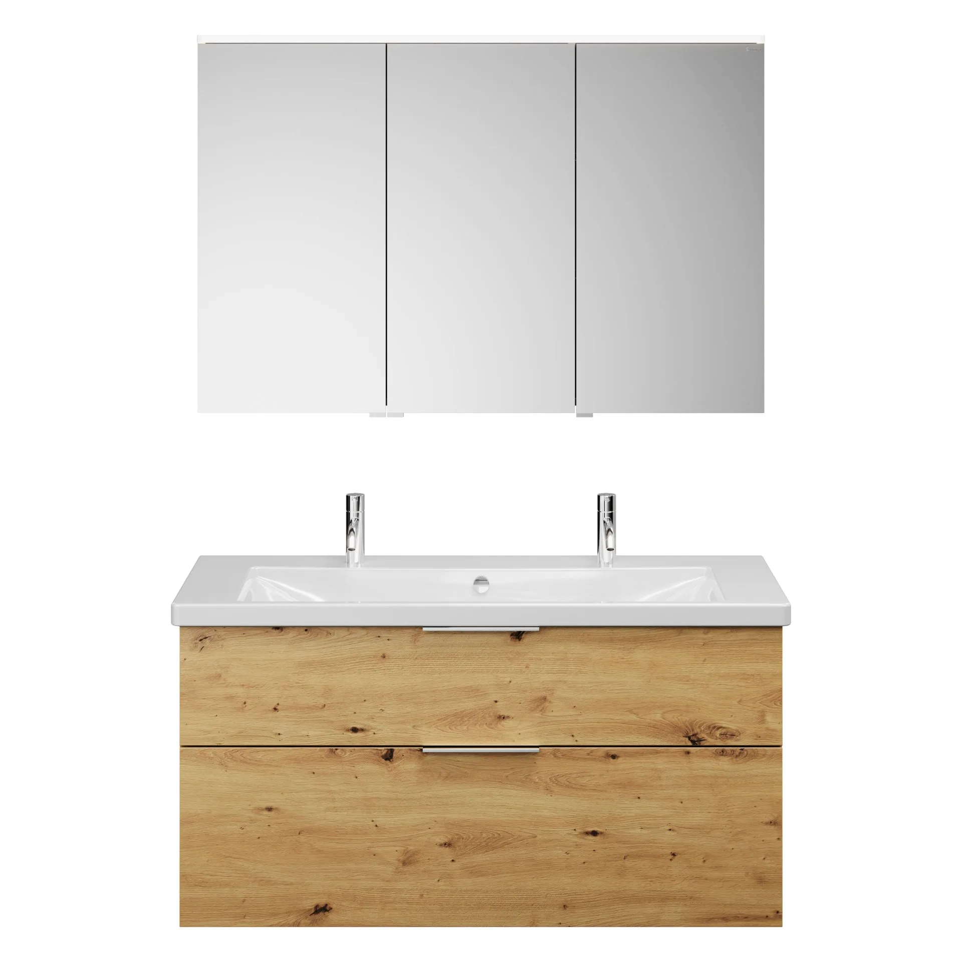 Burgbad EQIO Waschtisch Set mit Spiegelschrank 123 cm breit, Braun, Doppelwaschbecken Keramik Weiß, 3-türig Anschlag rechts
