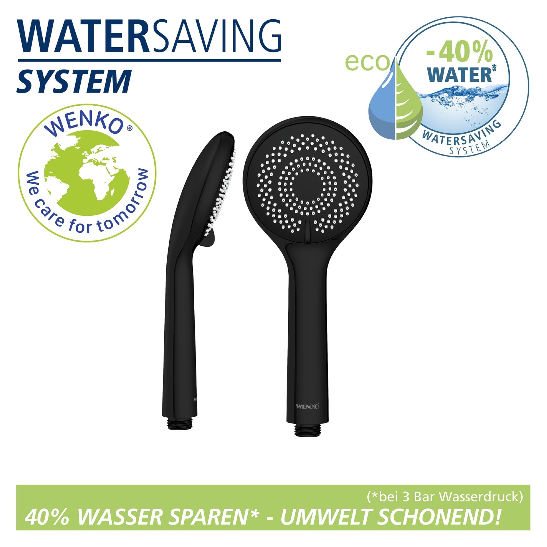 WENKO Duschkopf Ø 9,5 cm, Schwarz, mit Wassersparsystem, 3 verschiedene Wasserstrahlarten