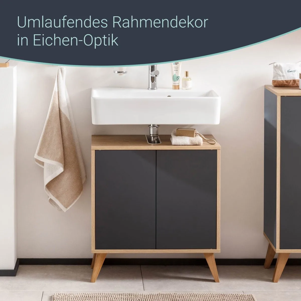 FACKELMANN FINN Waschbeckenunterschrank 60 cm breit, Anthrazit/Braun hell