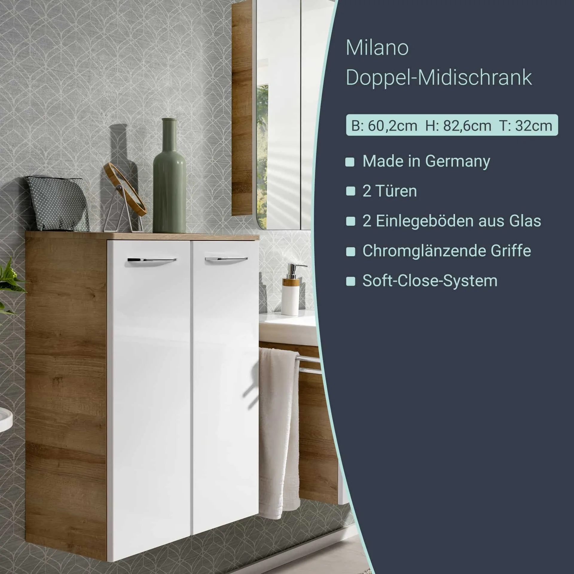 FACKELMANN MILANO Doppel Midischrank 60 cm breit, Weiß/Braun hell