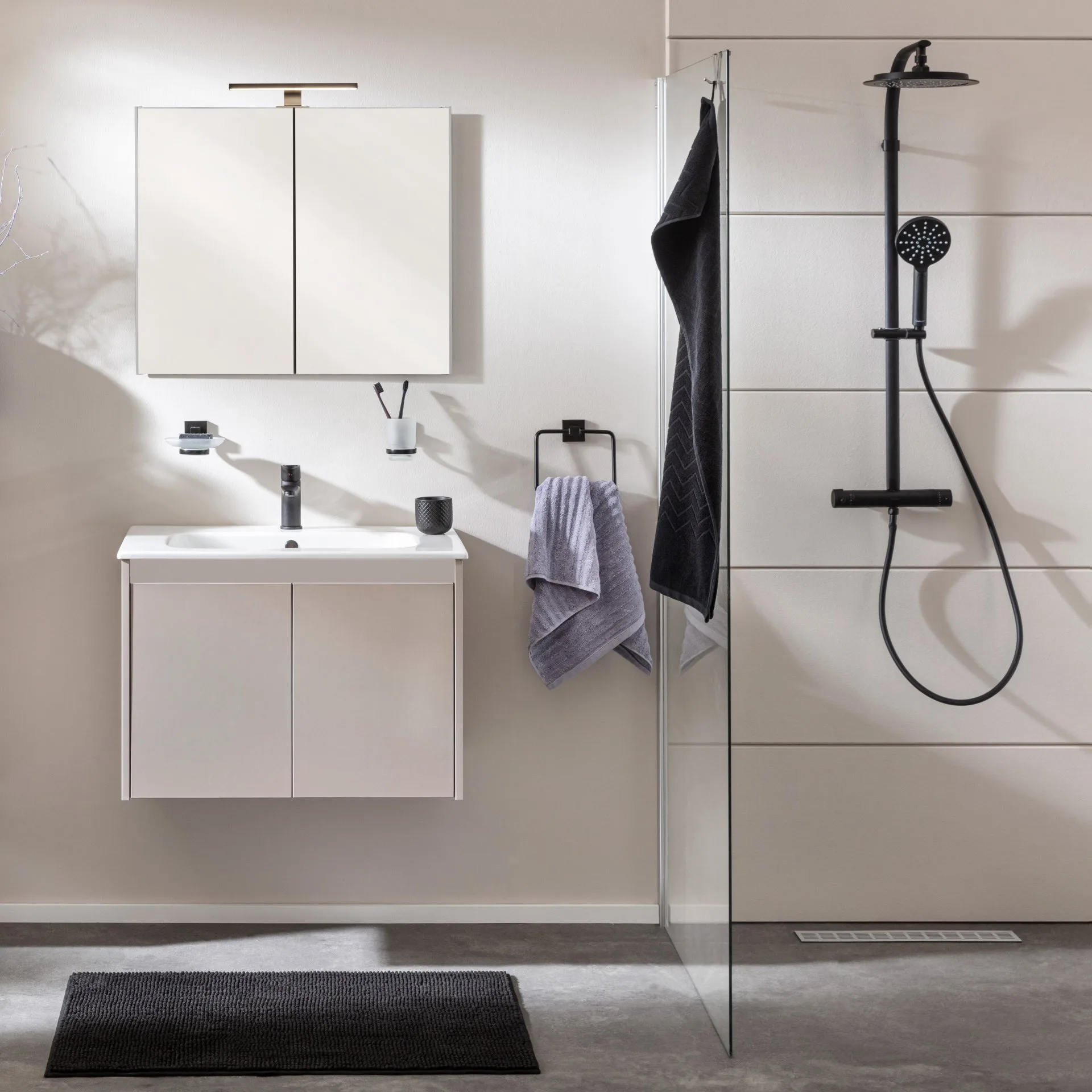 FACKELMANN COMPACT LINE Waschtisch Set mit Spiegelschrank 71 cm breit, Grau, Waschbecken Keramik Weiß, inklusive Aufsatzleuchte und Elektro-Box
