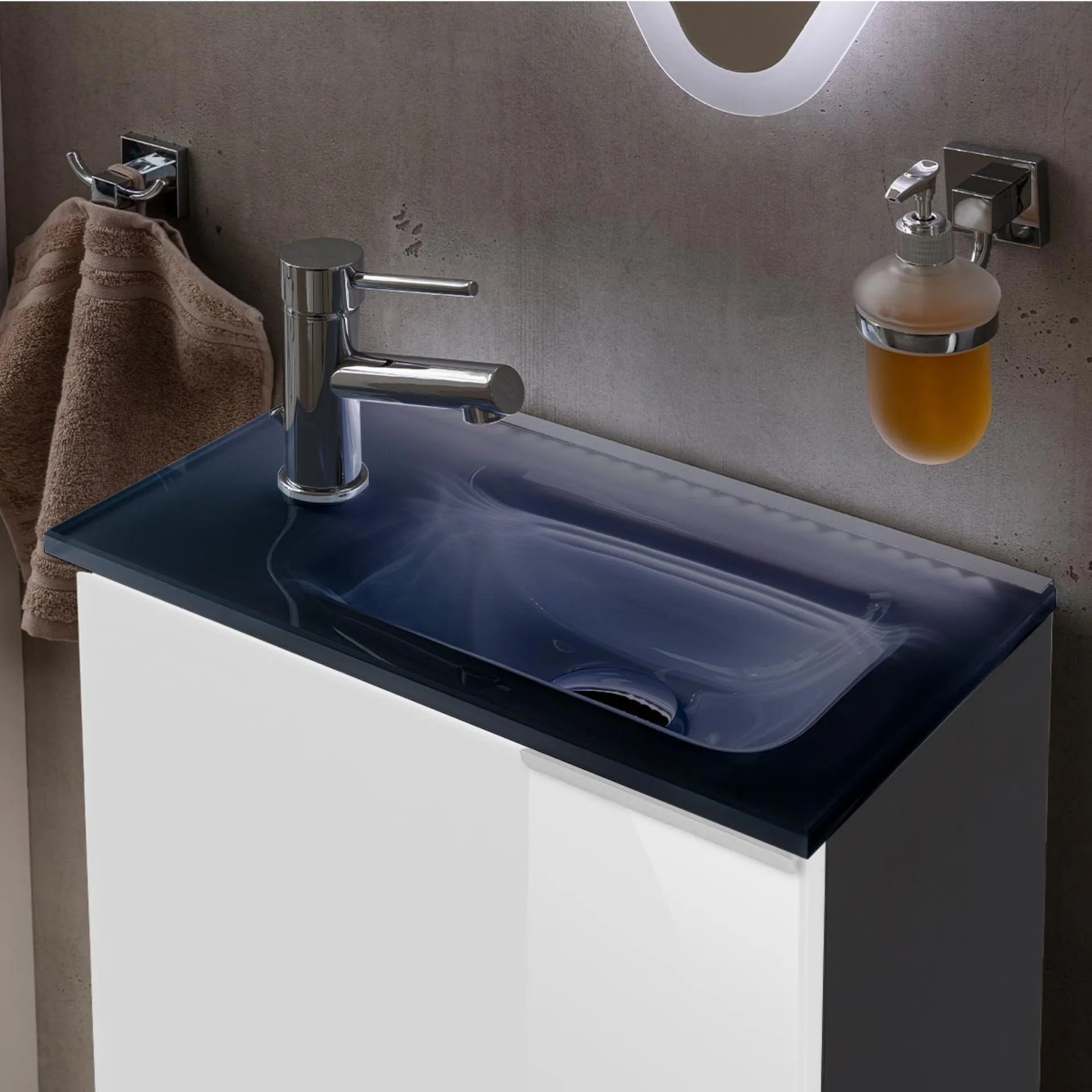 FACKELMANN SBC KARA Gäste WC Waschtisch Set 45 cm breit, Weiß/Anthrazit, Waschbecken Glas Anthrazit, Türanschlag links