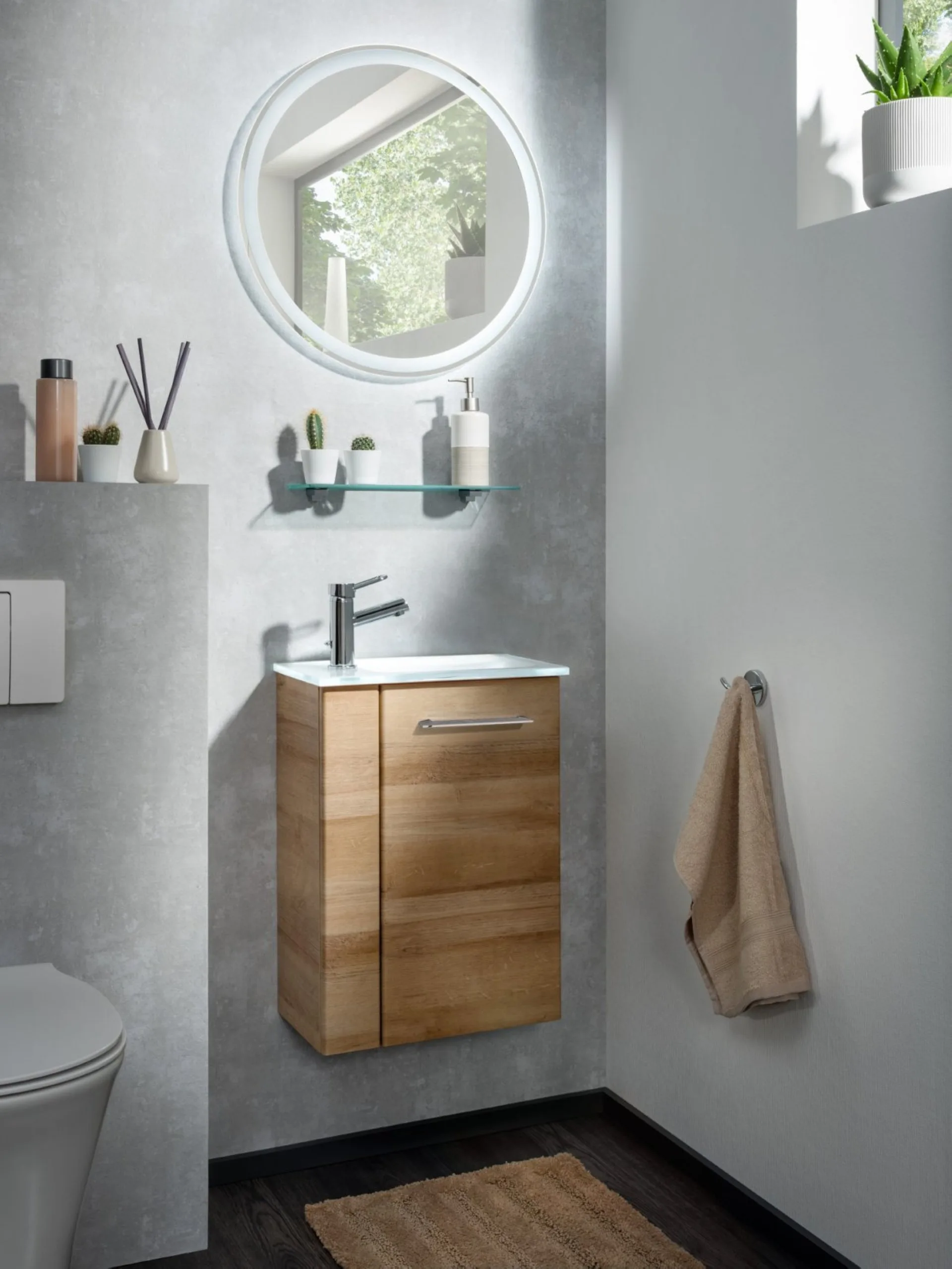 FACKELMANN SBC MILANO Gäste WC Waschtisch Set mit Spiegel 45 cm breit, Braun hell, Waschbecken Glas Weiß, Türanschlag rechts + Glasablage