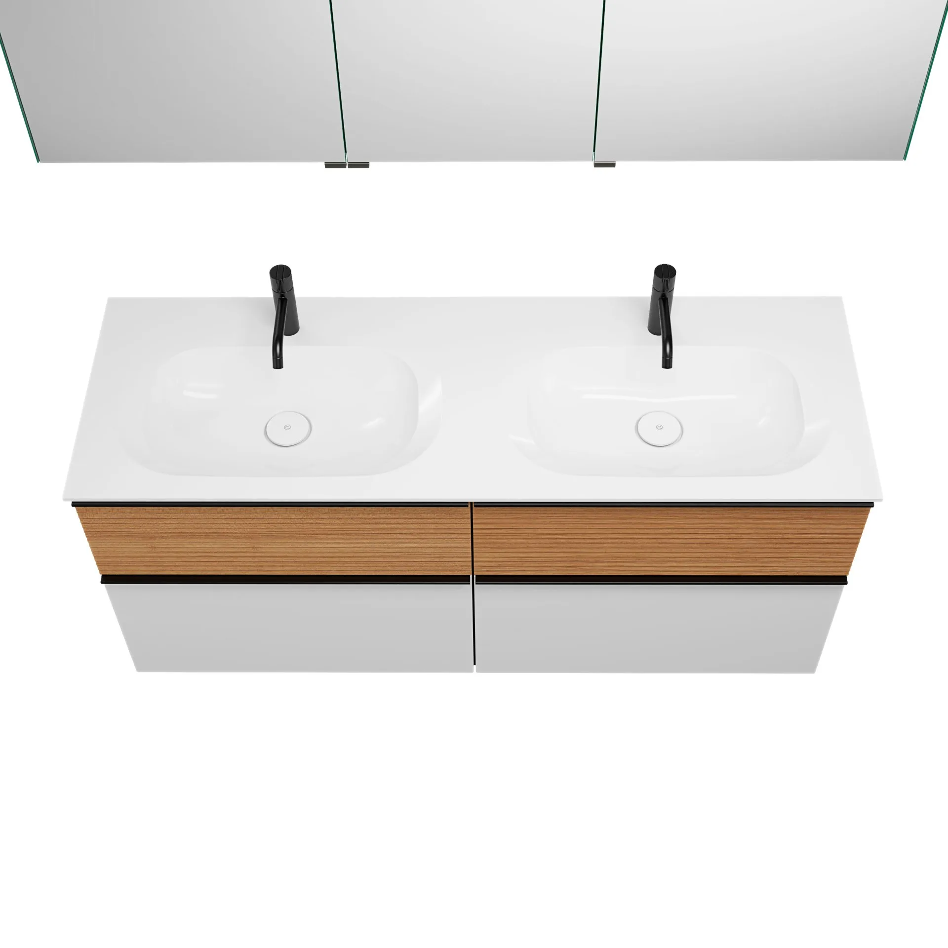 Burgbad FIUMO Waschtisch Set mit Spiegelschrank 142 cm breit, Braun/Weiß, Doppelwaschbecken Gussmarmor Weiß, 4 Schubladen, Anschlag rechts